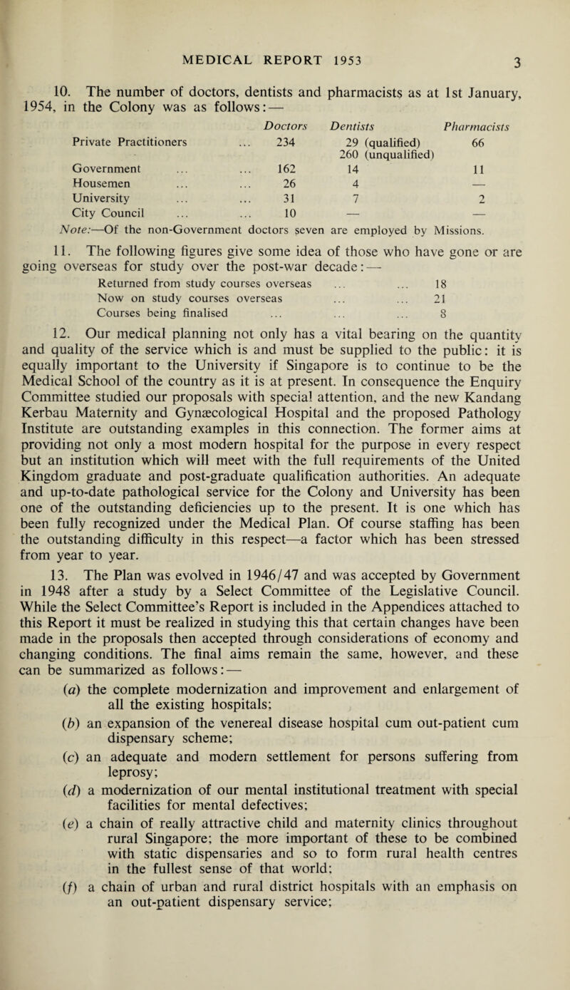 10. The number of doctors, dentists and pharmacists as at 1st January, 1954, in the Colony was as follows: — Doctors Dentists Pharmacists Private Practitioners 234 29 (qualified) 260 (unqualified) 66 Government 162 14 11 Housemen 26 4 — University 31 7 2 City Council 10 — — Note:—Of the non-Government doctors $even are employed by Missions. 11. The following figures give some idea of those who have gone or are going overseas for study over the post-war decade: — Returned from study courses overseas ... ... 18 Now on study courses overseas ... ... 21 Courses being finalised ... ... ... 8 12. Our medical planning not only has a vital bearing on the quantity and quality of the service which is and must be supplied to the public: it is equally important to the University if Singapore is to continue to be the Medical School of the country as it is at present. In consequence the Enquiry Committee studied our proposals with special attention, and the new Kandang Kerbau Maternity and Gynaecological Hospital and the proposed Pathology Institute are outstanding examples in this connection. The former aims at providing not only a most modern hospital for the purpose in every respect but an institution which will meet with the full requirements of the United Kingdom graduate and post-graduate qualification authorities. An adequate and up-to-date pathological service for the Colony and University has been one of the outstanding deficiencies up to the present. It is one which has been fully recognized under the Medical Plan. Of course staffing has been the outstanding difficulty in this respect—a factor which has been stressed from year to year. 13. The Plan was evolved in 1946/47 and was accepted by Government in 1948 after a study by a Select Committee of the Legislative Council. While the Select Committee’s Report is included in the Appendices attached to this Report it must be realized in studying this that certain changes have been made in the proposals then accepted through considerations of economy and changing conditions. The final aims remain the same, however, and these can be summarized as follows: — (a) the complete modernization and improvement and enlargement of all the existing hospitals; (b) an expansion of the venereal disease hospital cum out-patient cum dispensary scheme; (c) an adequate and modern settlement for persons suffering from leprosy; (d) a modernization of our mental institutional treatment with special facilities for mental defectives; (e) a chain of really attractive child and maternity clinics throughout rural Singapore; the more important of these to be combined with static dispensaries and so to form rural health centres in the fullest sense of that world; (/) a chain of urban and rural district hospitals with an emphasis on an out-patient dispensary service;