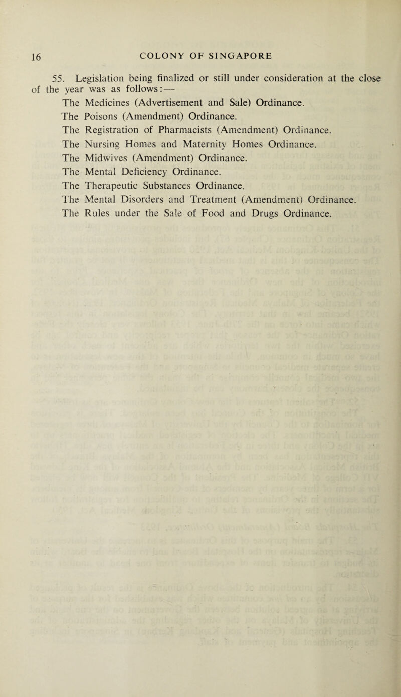 55. Legislation being finalized or still under consideration at the close of the year was as follows: — The Medicines (Advertisement and Sale) Ordinance. The Poisons (Amendment) Ordinance. The Registration of Pharmacists (Amendment) Ordinance. The Nursing Homes and Maternity Homes Ordinance. The Midwives (Amendment) Ordinance. The Mental Deficiency Ordinance. The Therapeutic Substances Ordinance. The Mental Disorders and Treatment (Amendment) Ordinance. The Rules under the Sale of Food and Drugs Ordinance.