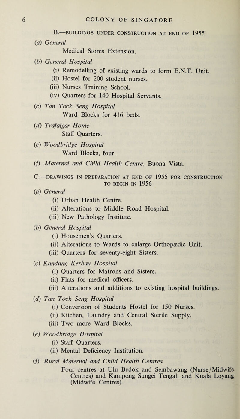 B.—BUILDINGS UNDER CONSTRUCTION AT END OF 1955 (a) General Medical Stores Extension. (b) General Hospital (i) Remodelling of existing wards to form E.N.T. Unit. (ii) Hostel for 200 student nurses. (iii) Nurses Training School. (iv) Quarters for 140 Hospital Servants. (c) Tan Took Seng Hospital Ward Blocks for 416 beds. (d) Trafalgar Home Staff Quarters. (e) Woodbridge Hospital Ward Blocks, four. (/) Maternal and Child Health Centre, Buona Vista. C.—DRAWINGS IN PREPARATION AT END OF 1955 FOR CONSTRUCTION TO BEGIN IN 1956 {a) General (i) Urban Health Centre. (ii) Alterations to Middle Road Hospital. (iii) New Pathology Institute. (b) General Hospital (i) Housemen’s Quarters. (ii) Alterations to Wards to enlarge Orthopaedic Unit. (iii) Quarters for seventy-eight Sisters. (c) Kandang Kerbau Hospital (i) Quarters for Matrons and Sisters. (ii) Flats for medical officers. (iii) Alterations and additions to existing hospital buildings. (d) Tan Took Seng Hospital (i) Conversion of Students Hostel for 150 Nurses. (ii) Kitchen, Laundry and Central Sterile Supply. (iii) Two more Ward Blocks. (e) Woodbridge Hospital (i) Staff Quarters. (ii) Mental Deficiency Institution. (/) Rural Maternal and Child Health Centres Four centres at Ulu Bedok and Sembawang (Nurse/Midwife Centres) and Kampong Sungei Tengah and Kuala Loyang. (Midwife Centres).