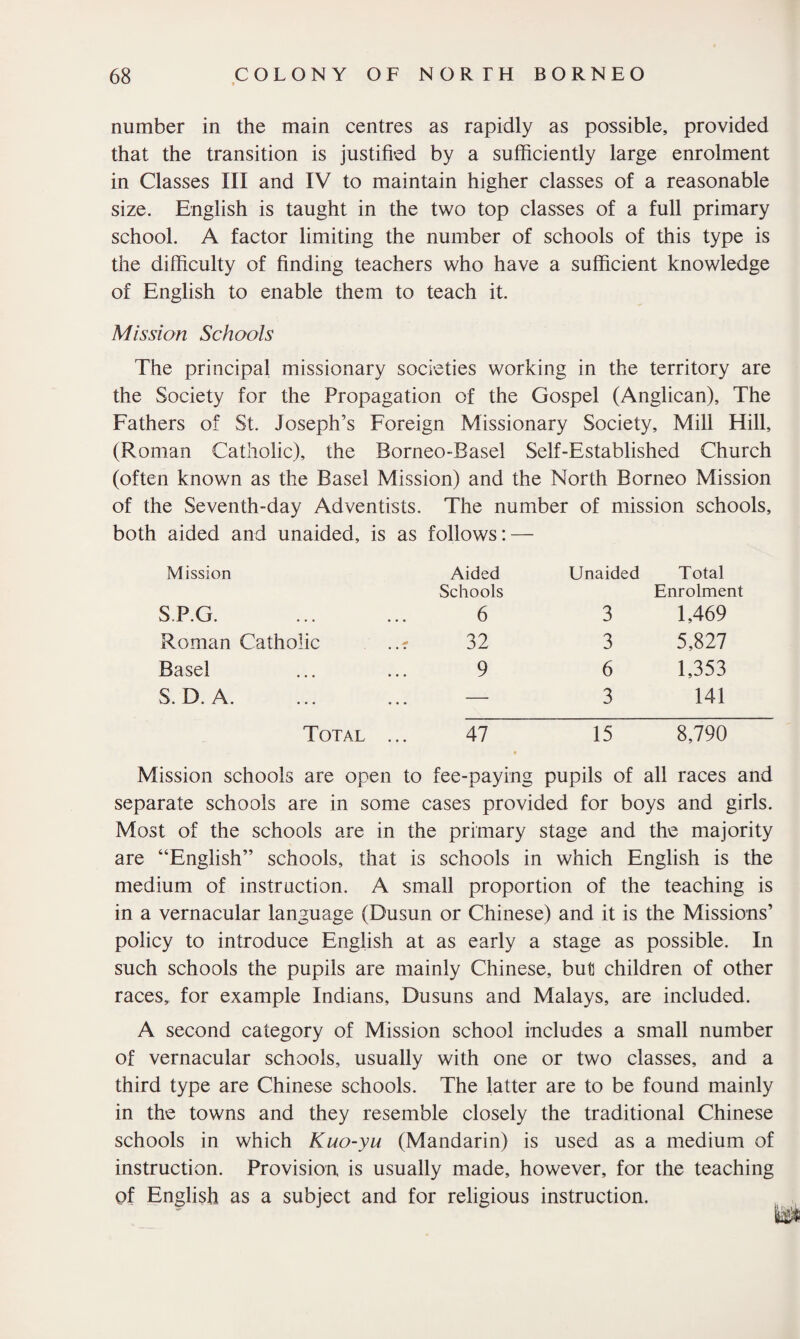 number in the main centres as rapidly as possible, provided that the transition is justified by a sufficiently large enrolment in Classes III and IV to maintain higher classes of a reasonable size. English is taught in the two top classes of a full primary school. A factor limiting the number of schools of this type is the difficulty of finding teachers who have a sufficient knowledge of English to enable them to teach it. Mission Schools The principal missionary societies working in the territory are the Society for the Propagation of the Gospel (Anglican), The Fathers of St. Joseph’s Foreign Missionary Society, Mill Hill, (Roman Catholic), the Borneo-Basel Self-Established Church (often known as the Basel Mission) and the North Borneo Mission of the Seventh-day Adventists. The number of mission schools, both aided and unaided, is as follows: — Mission Aided Unaided Total Schools Enrolment S.P.G. 6 3 1,469 Roman Catholic ..t 32 3 5,827 Basel 9 6 1,353 S. D. A. — 3 141 Total ... 47 • 15 8,790 Mission schools are open to fee-paying pupils of all races and separate schools are in some cases provided for boys and girls. Most of the schools are in the primary stage and the majority are “English” schools, that is schools in which English is the medium of instruction. A small proportion of the teaching is in a vernacular language (Dusun or Chinese) and it is the Missions’ policy to introduce English at as early a stage as possible. In such schools the pupils are mainly Chinese, but children of other races,, for example Indians, Dusuns and Malays, are included. A second category of Mission school includes a small number of vernacular schools, usually with one or two classes, and a third type are Chinese schools. The latter are to be found mainly in the towns and they resemble closely the traditional Chinese schools in which Kuo-yu (Mandarin) is used as a medium of instruction. Provision is usually made, however, for the teaching of English as a subject and for religious instruction.