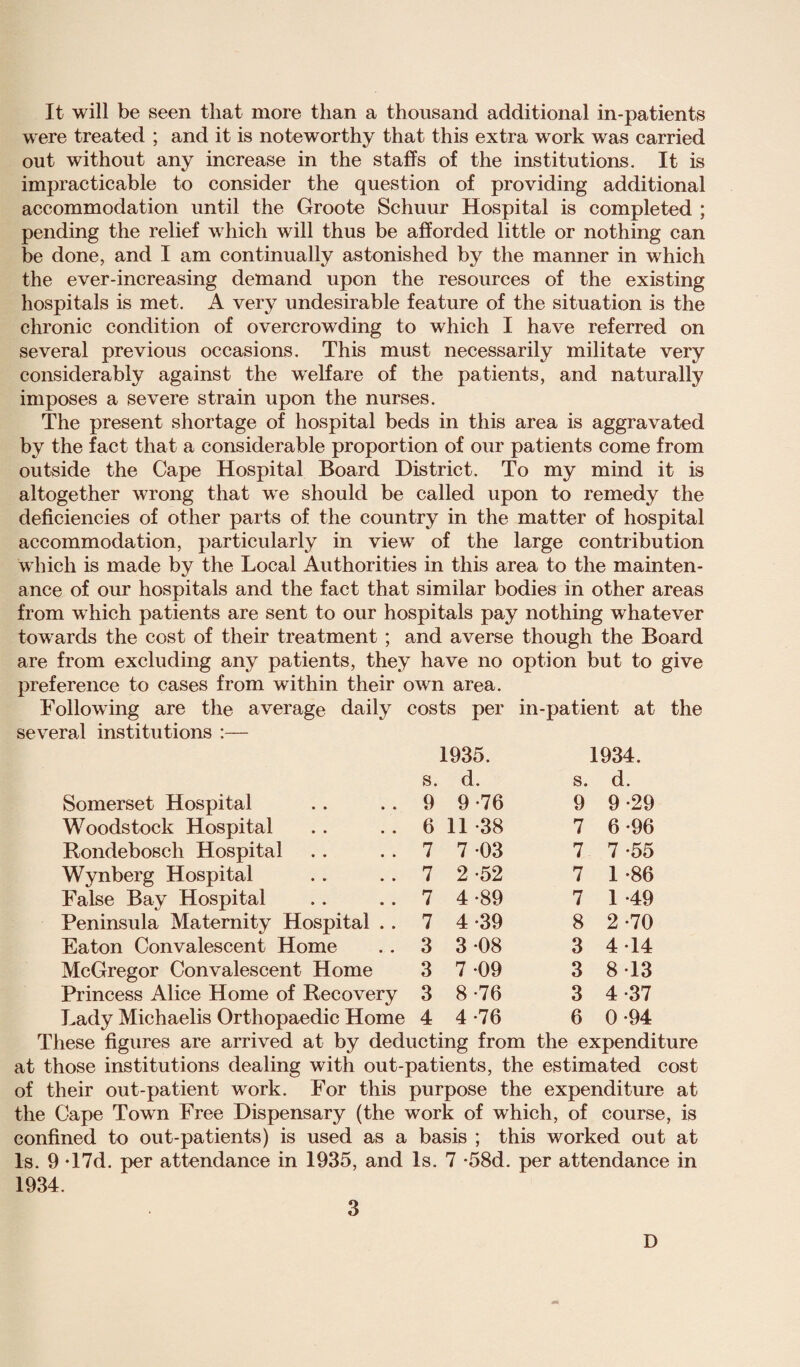 It will be seen that more than a thousand additional in-patients were treated ; and it is noteworthy that this extra work was carried out without any increase in the staffs of the institutions. It is impracticable to consider the question of providing additional accommodation until the Groote Schuur Hospital is completed ; pending the relief which will thus be afforded little or nothing can be done, and I am continually astonished by the manner in which the ever-increasing demand upon the resources of the existing hospitals is met. A very undesirable feature of the situation is the chronic condition of overcrowding to which I have referred on several previous occasions. This must necessarily militate very considerably against the welfare of the patients, and naturally imposes a severe strain upon the nurses. The present shortage of hospital beds in this area is aggravated by the fact that a considerable proportion of our patients come from outside the Cape Hospital Board District. To my mind it is altogether wrong that we should be called upon to remedy the deficiencies of other parts of the country in the matter of hospital accommodation, particularly in view of the large contribution which is made by the Local Authorities in this area to the mainten¬ ance of our hospitals and the fact that similar bodies in other areas from which patients are sent to our hospitals pay nothing whatever towards the cost of their treatment ; and averse though the Board are from excluding any patients, they have no option but to give preference to cases from within their own area. Following are the average daily costs per in-patient at the several institutions :— 1935. 1934. s. d. s. d. Somerset Hospital 9 9-76 9 9-29 Woodstock Hospital 6 11 -38 7 6-96 Rondeboscli Hospital 7 7 03 7 7 -55 Wynberg Hospital 7 2-52 7 1 -86 False Bay Hospital 7 4-89 7 1 -49 Peninsula Maternity Hospital . . 7 4*39 8 2-70 Eaton Convalescent Home 3 3 08 3 4 14 McGregor Convalescent Home 3 7 09 3 8 13 Princess Alice Home of Recovery 3 8-76 3 4-37 Lady Michaelis Orthopaedic Home 4 4-76 6 0-94 These figures are arrived at by deducting from the expenditure at those institutions dealing with out-patients, the estimated cost of their out-patient work. For this purpose the expenditure at the Cape Town Free Dispensary (the work of which, of course, is confined to out-patients) is used as a basis ; this worked out at Is. 9 T7d. per attendance in 1935, and Is. 7 *58d. per attendance in 1934.