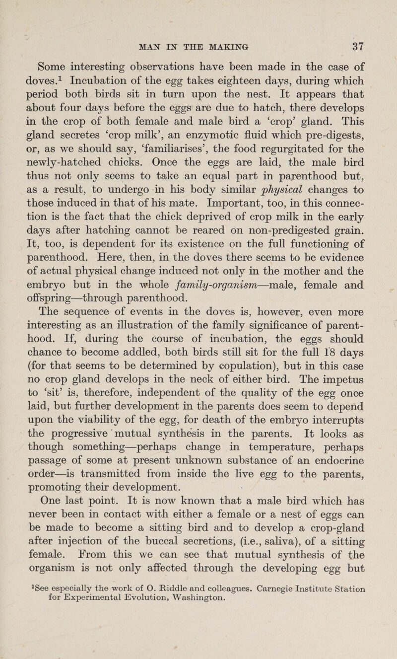 Some interesting observations have been made in the case of doves.1 Incubation of the egg takes eighteen days, during which period both birds sit in turn upon the nest. It appears that about four days before the eggs are due to hatch, there develops in the crop of both female and male bird a 'crop’ gland. This gland secretes ‘crop milk’, an enzymotic fluid which pre-digests, or, as we should say, ‘familiarises’, the food regurgitated for the newly-hatched chicks. Once the eggs are laid, the male bird thus not only seems to take an equal part in parenthood but, as a result, to undergo in his body similar physical changes to those induced in that of his mate. Important, too, in this connec¬ tion is the fact that the chick deprived of crop milk in the early days after hatching cannot be reared on non-predigested grain. It, too, is dependent for its existence on the full functioning of parenthood. Here, then, in the doves there seems to be evidence of actual physical change induced not only in the mother and the embryo but in the whole family-organism—male, female and offspring—through parenthood. The sequence of events in the doves is, however, even more interesting as an illustration of the family significance of parent¬ hood. If, during the course of incubation, the eggs should chance to become addled, both birds still sit for the full 18 days (for that seems to be determined by copulation), but in this case no crop gland develops in the neck of either bird. The impetus to ‘sit’ is, therefore, independent of the quality of the egg once laid, but further development in the parents does seem to depend upon the viability of the egg, for death of the embryo interrupts the progressive mutual synthesis in the parents. It looks as though something—perhaps change in temperature, perhaps passage of some at present unknown substance of an endocrine order—is transmitted from inside the live egg to the parents, promoting their development. One last point. It is now known that a male bird which has never been in contact with either a female or a nest of eggs can be made to become a sitting bird and to develop a crop-gland after injection of the buccal secretions, (i.e., saliva), of a sitting female. From this we can see that mutual synthesis of the organism is not only affected through the developing egg but 1See especially the work of O. Riddle and colleagues. Carnegie Institute Station for Experimental Evolution, Washington.