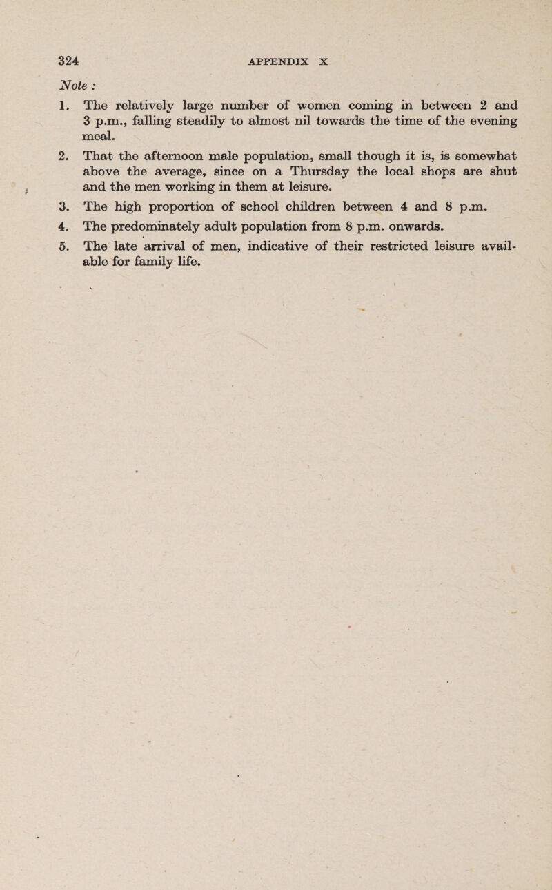 Note : 1. The relatively large number of women coming in between 2 and 3 p.m., falling steadily to almost nil towards the time of the evening meal. 2. That the afternoon male population, small though it is, is somewhat above the average, since on a Thursday the local shops are shut and the men working in them at leisure. 3. The high proportion of school children between 4 and 8 p.m. 4. The predominately adult population from 8 p.m. onwards. 5. The late arrival of men, indicative of their restricted leisure avail¬ able for family life.