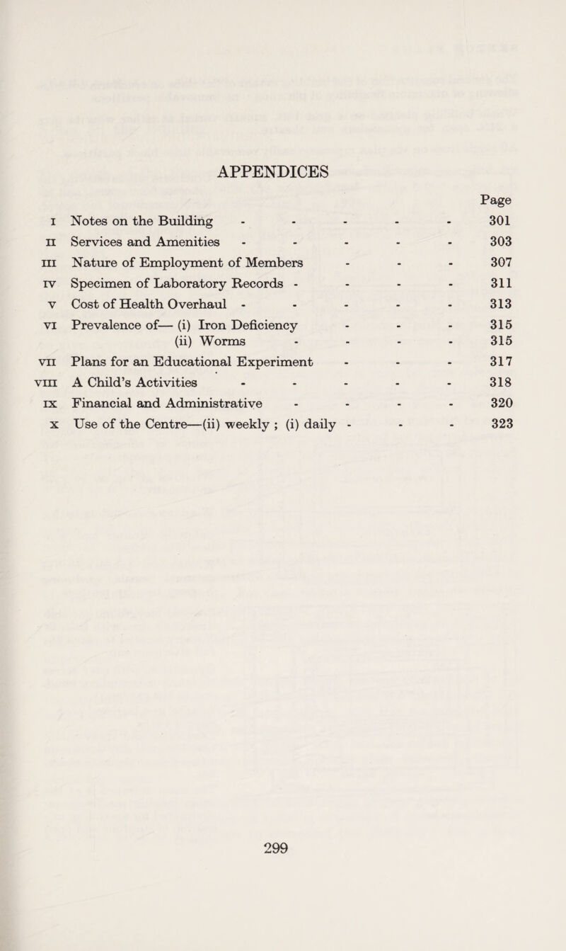 APPENDICES I Notes on the Building ... Page 301 II Services and Amenities - 303 III Nature of Employment of Members - 307 IV Specimen of Laboratory Records - - 311 V Cost of Health Overhaul - - 313 VI Prevalence of— (i) Iron Deficiency . 315 (ii) Worms - 315 VII Plans for an Educational Experiment - 317 VIII A Child’s Activities - 318 IX Financial and Administrative - 320 X Use of the Centre—(ii) weekly ; (i) daily - - 323