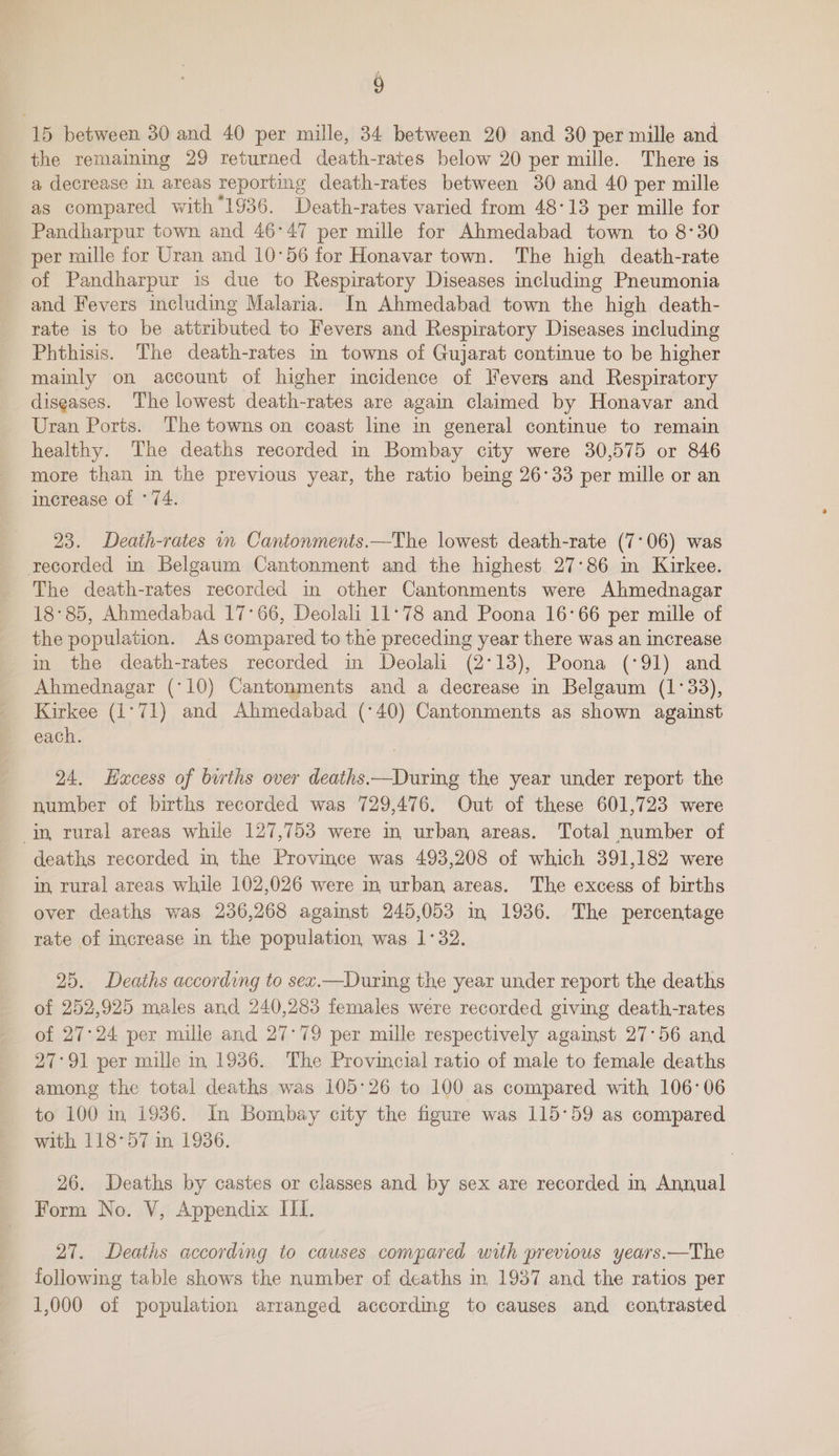 15 between 30 and 40 per mille, 34 between 20 and 30 per mille and the remaining 29 returned death-rates below 20 per mille. There is a decrease In areas reporting death-rates between 30 and 40 per mille as compared with’1936. Death-rates varied from 48-13 per mille for Pandharpur town and 46°47 per mille for Ahmedabad town to 8°30 per mille for Uran and 10°56 for Honavar town. The high death-rate of Pandharpur is due to Respiratory Diseases including Pneumonia and Fevers including Malaria. In Ahmedabad town the high death- rate is to be attributed to Fevers and Respiratory Diseases including Phthisis. The death-rates in towns of Gujarat continue to be higher mainly on account of higher incidence of Fevers and Respiratory diseases. The lowest death-rates are again claimed by Honavar and Uran Ports. The towns on coast line in general continue to remain healthy. The deaths recorded in Bombay city were 30,575 or 846 more than in the previous year, the ratio news 26°33 per mille or an increase of * 74. 23. Death-rates in Cantonments.—The lowest death-rate (7°06) was recorded in Belgaum Cantonment and the highest 27°86 in Kirkee. The death-rates recorded in other Cantonments were Ahmednagar 18°85, Ahmedabad 17°66, Deolali 11°78 and Poona 16°66 per mille of the population. As compared to the preceding year there was an increase in the death-rates recorded in Deolali (2°13), Poona (°91) and Ahmednagar (-10) Cantonments and a decrease in Belgaum (1°33), Kirkee (1°71) and Ahmedabad (°40) Cantonments as shown against each. 24, Hzacess of births over deaths —During the year under report the number of births recorded was 729,476. Out of these 601,723 were in, rural areas while 127,753 were in urban areas. Total number of deaths recorded in the Province was 493,208 of which 391,182 were in, rural areas while 102,026 were in urban areas. The excess of births over deaths was 236,268 against 245,053 m 1936. The percentage rate of increase in the population was 1°32. 25. Deaths according to sex.—During the year under report the deaths of 252,925 males and 240,283 females were recorded giving death-rates of 27°24 per mille and 27°79 per mille respectively agamst 27°56 and 27°91 per mille i, 1936. The Provincial ratio of male to female deaths among the total deaths was 105°26 to 100 as compared with 106° 06 to 100 in 1936. In Bombay city the figure was 115°59 as compared with 118°57 in 1936. 26. Deaths by castes or classes and by sex are recorded in, Annual Form No. V, Appendix III. 27. Deaths according to causes compared with previous years.—The following table shows the number of deaths in 1937 and the ratios per 1,000 of population arranged accordmg to causes and contrasted