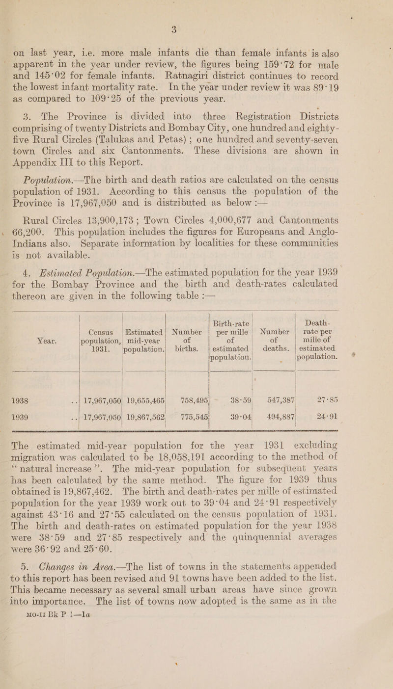 on last year, ie. more male infants die than female infants is also - apparent in the year under review, the figures being 159°72 for male and 145°02 for female infants. Ratnagiri district continues to record the lowest infant mortality rate. Inthe year under review it was 89°19 as compared to 109°25 of the previous year. 3. The Province is divided into three Registration Districts comprising of twenty Districts and Bombay City, one hundred and eighty- five Rural Circles (Talukas and Petas); one hundred and seventy-seven. town Circles and six Cantonments. These divisions are shown in Appendix IIT to this Report. Population.—The birth and death ratios are calculated on the census population of 1931. According to this census the -population of the Province is 17,967,050 and is distributed as below :— Rural Circles 13,900,173 ; Town Circles 4,000,677 and Cantonments 66,200. This population includes the figures for Huropeans and Anglo- Indians also. Separate information by localities for these communities is not available. 4. Hstimated Population. —The estimated population for the year 1939 for the Bombay Province and the birth and death-rates calculated thereon are given in the following table :— | Birth-rate | Death- Census | Estimated| Number | per mille Number | rate per ‘Year. population, mid-year of of of mille of 1931. |population.| births. | estimated deaths. | estimated population. |population. | 1938 .| 17,967,050) 19,655,465, = 758 pees 38-59, 547,387 27°85 1939 -| 17,967,050) 19,867,562, 775, pas 39°04 494,887] 24°91 The estimated mid-year population for the year 1931 excluding migration was calculated to be 18,058,191 according to the method of “natural increase’. The mid-year population for subsequent years has been calculated by the same method. The figure for 1939 thus obtained is 19,867,462. The birth and death-rates per mille of estimated population for the year 1939 work out to 39°04 and 24°91 respectively against 43°16 and 27°55 calculated on the census population of 1931. The birth and death-rates on estimated population for the year 1938 were 38°59 and 27°85 respectively and the quinquennial averages were 36°92 and 25°60. 5. Changes in Area.—The list of towns in the statements appended to this report has been revised and 91 towns have been added to the list. This became necessary as several small urban areas have since grown into importance. The list of towns now adopted is the same as in the