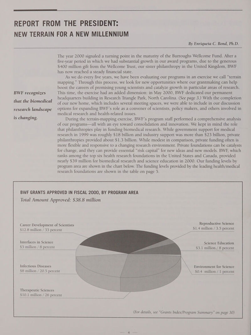 REPORT FROM THE PRESIDENT: NEW TERRAIN FOR A NEW MILLENNIUM By Enriqueta C. Bond, Ph.D. The year 2000 signaled a tuning point in the maturity of the Burroughs Wellcome Fund. After a five-year period in which we had substantial growth in our award programs, due to the generous $400 million gift from the Wellcome Trust, our sister philanthropy in the United Kingdom, BWF has now reached a steady financial state. As we do every five years, we have been evaluating our programs in an exercise we call “terrain mapping.” Through this process, we look for new opportunities where our grantmaking can help boost the careers of promising young scientists and catalyze growth in particular areas of research. BWE recognizes This time, the exercise had an added dimension: in May 2000, BWF dedicated our permanent headquarters building in Research Triangle Park, North Carolina. (See page 3.) With the completion of our new home, which includes several meeting spaces, we were able to include in our discussion research landscape Options for expanding BWF’s role as a convener of scientists, policy makers, and others involved in ; ; medical research and health-related issues. is changing. During the terrain-mapping exercise, BWF’s program staff performed a comprehensive analysis of our programs—all with an eye toward consolidation and innovation. We kept in mind the role that philanthropies play in funding biomedical research. While government support for medical research in 1999 was roughly $18 billion and industry support was more than $23 billion, private philanthropies provided about $1.3 billion. While modest in comparison, private funding often is more flexible and responsive to a changing research environment. Private foundations can be catalysts for change, and they can provide essential “risk capital” for new ideas and new models. BWF, which ranks among the top six health research foundations in the United States and Canada, provided nearly $39 million for biomedical research and science education in 2000. Our funding levels by program area are shown in the chart below. The funding levels provided by the leading health/medical research foundations are shown in the table on page 5. that the biomedical Reproductive Science Career Development of Scientists $1.4 million / 3.5 percent $12.8 million / 33 percent Interfaces in Science Science Education $3 million / 8 percent $3.1 million / 8 percent Infectious Diseases Re Environment for Science $8 million / 20.5 percent \ : $0.4 million / 1 percent Therapeutic Sciences $10.1 million / 26 percent (For details, see “Grants Index/Program Summary” on page 30)