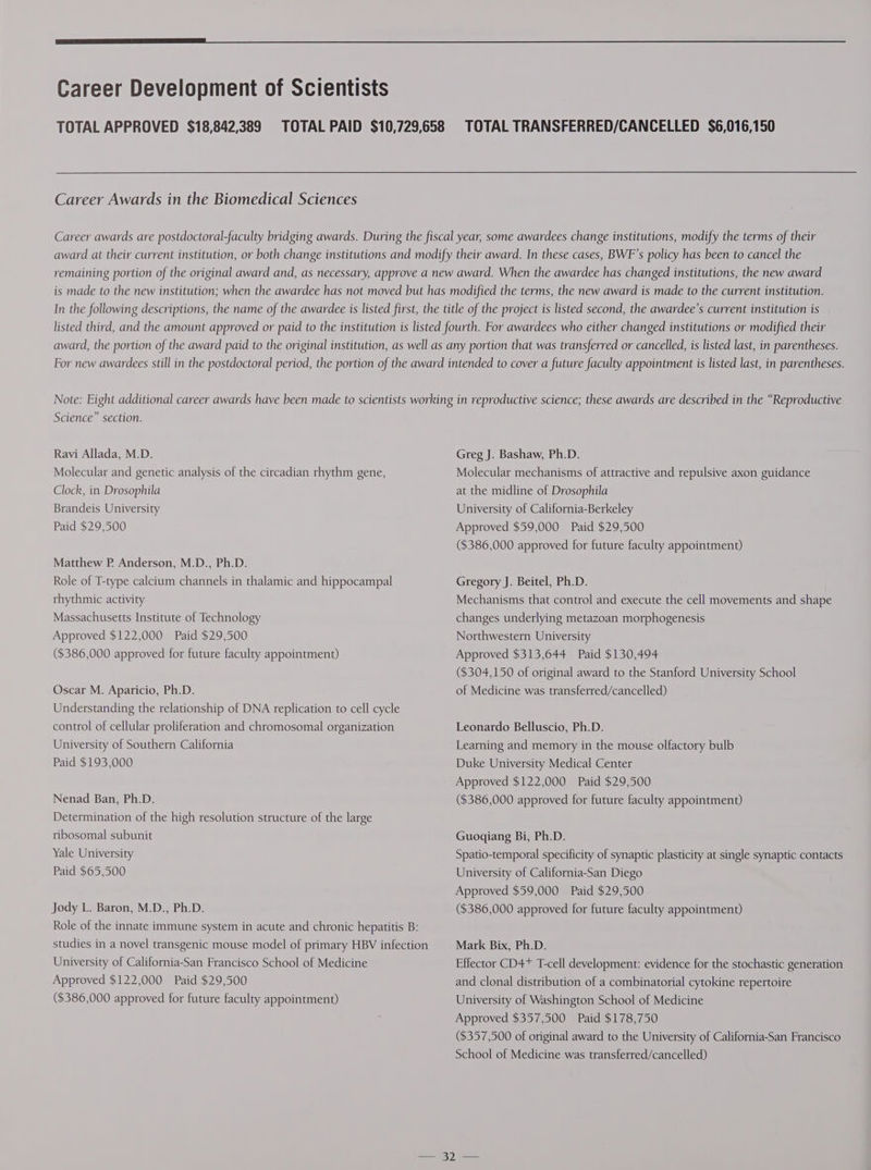 Career Development of Scientists TOTAL APPROVED $18,842,389 TOTAL PAID $10,729,658 TOTAL TRANSFERRED/CANCELLED $6,016,150 Career Awards in the Biomedical Sciences Career awards are postdoctoral-faculty bridging awards. During the fiscal year, some awardees change institutions, modify the terms of their award at their current institution, or both change institutions and modify their award. In these cases, BWF’s policy has been to cancel the remaining portion of the original award and, as necessary, approve a new award. When the awardee has changed institutions, the new award is made to the new institution; when the awardee has not moved but has modified the terms, the new award is made to the current institution. In the following descriptions, the name of the awardee is listed first, the title of the project is listed second, the awardee’s current institution is listed third, and the amount approved or paid to the institution is listed fourth. For awardees who either changed institutions or modified their award, the portion of the award paid to the original institution, as well as any portion that was transferred or cancelled, is listed last, in parentheses. For new awardees still in the postdoctoral period, the portion of the award intended to cover a future faculty appointment is listed last, in parentheses. Note: Eight additional career awards have been made to scientists working in reproductive science; these awards are described in the “Reproductive Science” section. Ravi Allada, M.D. Molecular and genetic analysis of the circadian rhythm gene, Clock, in Drosophila Brandeis University Paid $29,500 Matthew P. Anderson, M.D., Ph.D. Role of T-type calcium channels in thalamic and hippocampal rhythmic activity Massachusetts Institute of Technology Approved $122,000 Paid $29,500 ($386,000 approved for future faculty appointment) Oscar M. Aparicio, Ph.D. Understanding the relationship of DNA replication to cell cycle control of cellular proliferation and chromosomal organization University of Southern California Paid $193,000 Nenad Ban, Ph.D. Determination of the high resolution structure of the large ribosomal subunit Yale University Paid $65,500 Jody L. Baron, M.D., Ph.D. Role of the innate immune system in acute and chronic hepatitis B: studies in a novel transgenic mouse model of primary HBV infection University of California-San Francisco School of Medicine Approved $122,000 Paid $29,500 ($386,000 approved for future faculty appointment) Greg J. Bashaw, Ph.D. Molecular mechanisms of attractive and repulsive axon guidance at the midline of Drosophila University of California-Berkeley Approved $59,000 Paid $29,500 ($386,000 approved for future faculty appointment) Gregory J. Beitel, Ph.D. Mechanisms that control and execute the cell movements and shape changes underlying metazoan morphogenesis Northwestern University Approved $313,644 Paid $130,494 ($304,150 of original award to the Stanford University School of Medicine was transferred/cancelled) Leonardo Belluscio, Ph.D. Learning and memory in the mouse olfactory bulb Duke University Medical Center Approved $122,000 Paid $29,500 ($386,000 approved for future faculty appointment) Guoqiang Bi, Ph.D. Spatio-temporal specificity of synaptic plasticity at single synaptic contacts University of California-San Diego Approved $59,000 Paid $29,500 ($386,000 approved for future faculty appointment) Mark Bix, Ph.D. Effector CD4+ T-cell development: evidence for the stochastic generation and clonal distribution of a combinatorial cytokine repertoire University of Washington School of Medicine Approved $357,500 Paid $178,750 ($357,500 of original award to the University of California-San Francisco School of Medicine was transferred/cancelled)
