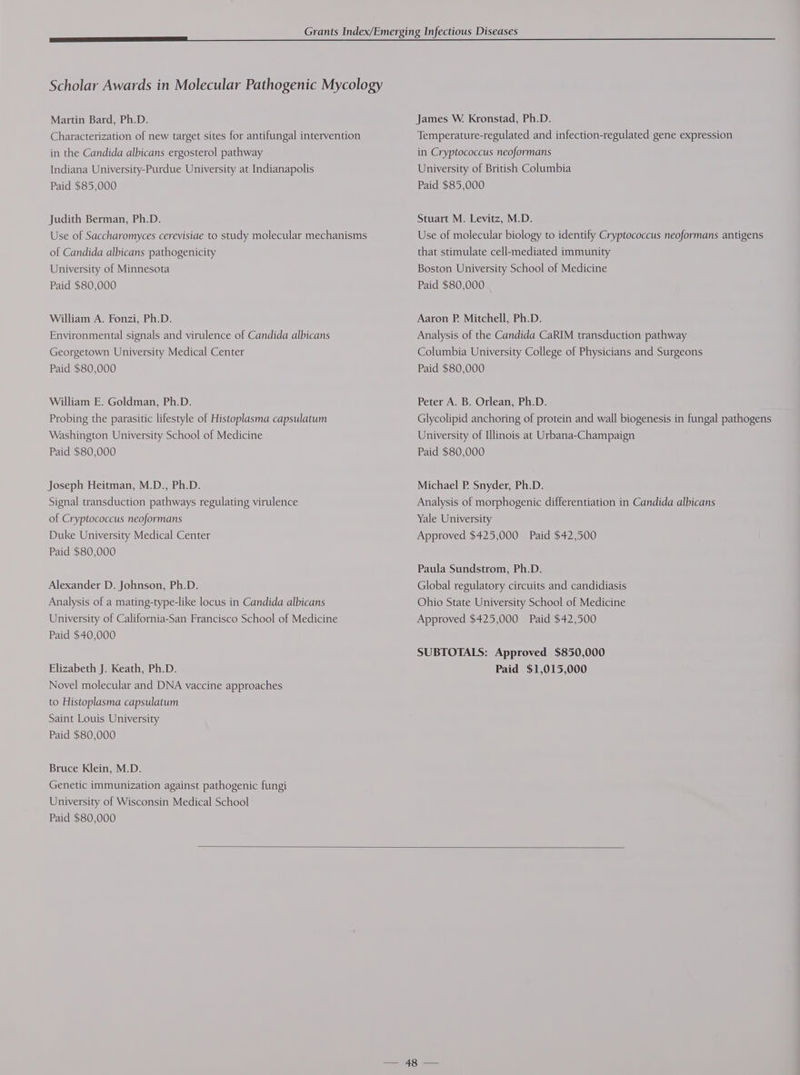 Martin Bard, Ph.D. Characterization of new target sites for antifungal intervention in the Candida albicans ergosterol pathway Indiana University-Purdue University at Indianapolis Paid $85,000 Judith Berman, Ph.D. Use of Saccharomyces cerevisiae to study molecular mechanisms of Candida albicans pathogenicity University of Minnesota Paid $80,000 William A. Fonzi, Ph.D. Environmental signals and virulence of Candida albicans Georgetown University Medical Center Paid $80,000 William E. Goldman, Ph.D. Probing the parasitic lifestyle of Histoplasma capsulatum Washington University School of Medicine Paid $80,000 Joseph Heitman, M.D., Ph.D. Signal transduction pathways regulating virulence of Cryptococcus neoformans Duke University Medical Center Paid $80,000 Alexander D. Johnson, Ph.D. Analysis of a mating-type-like locus in Candida albicans University of California-San Francisco School of Medicine Paid $40,000 Novel molecular and DNA vaccine approaches to Histoplasma capsulatum Saint Louis University Paid $80,000 Bruce Klein, M.D. Genetic immunization against pathogenic fungi University of Wisconsin Medical School Paid $80,000 James W. Kronstad, Ph.D. Temperature-regulated and infection-regulated gene expression in Cryptococcus neoformans University of British Columbia Paid $85,000 Stuart M. Levitz, M.D. Use of molecular biology to identify Cryptococcus neoformans antigens that stimulate cell-mediated immunity Boston University School of Medicine Paid $80,000 Aaron P. Mitchell, Ph.D. Analysis of the Candida CaRIM transduction pathway Columbia University College of Physicians and Surgeons Paid $80,000 Peter A. B. Orlean, Ph.D. Glycolipid anchoring of protein and wall biogenesis in fungal pathogens University of Illinois at Urbana-Champaign Paid $80,000 Michael P Snyder, Ph.D. Analysis of morphogenic differentiation in Candida albicans Yale University Approved $425,000 Paid $42,500 Paula Sundstrom, Ph.D. Global regulatory circuits and candidiasis Ohio State University School of Medicine Approved $425,000 Paid $42,500 SUBTOTALS: Approved $850,000