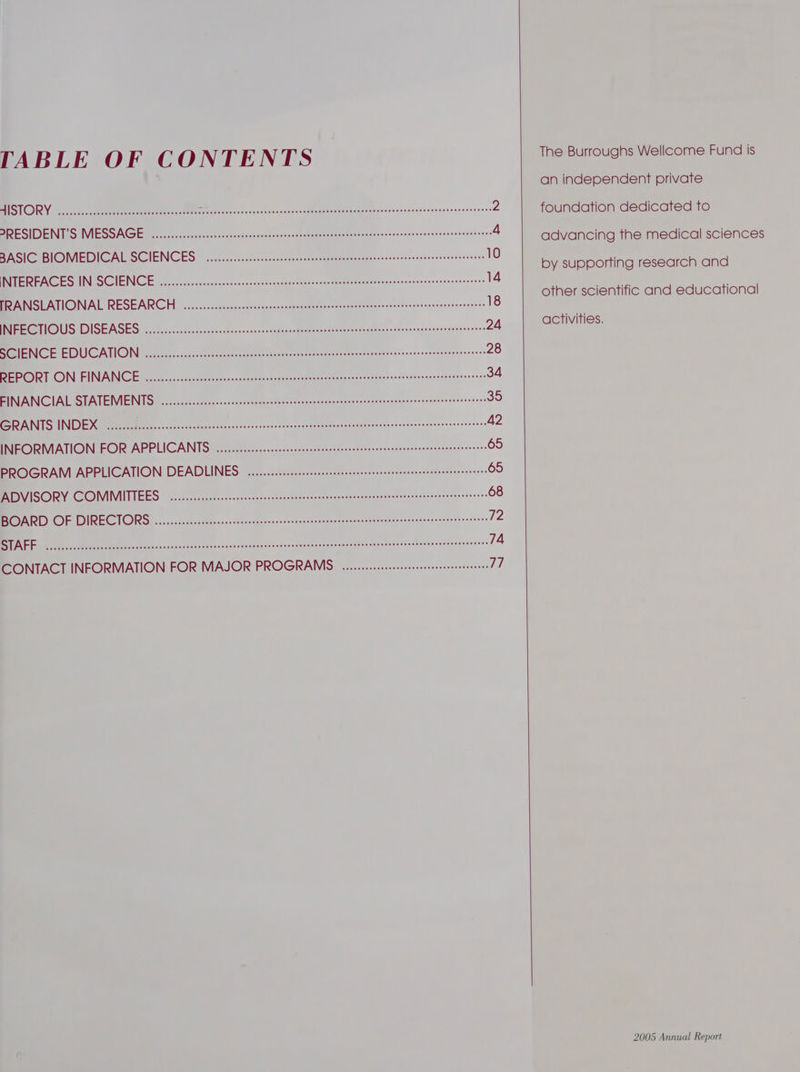 TABLE OF CONTENTS STORY eee ee eee se ae cee sr ennuctanpvxnsnisetieperermesmennawasesieatlendeetenseaeicennans 2 PRESIDENT’S MESSAGE ........:ccccececteeseeseseneesesseeeeeeessteeeeeneesesaneseaesenseeeneeeseneeeneeeey 4 BASIC BIOMEDICAL SCIENCES ou......eecceecseeeeseseteentteeetneeeeneeesneescneeseneeeeneeenons 10 INTERFACES IN SCIENCE .........0scscceeeccsescrcsereesnsceapsnceessaneracnnaencessaseusssnersnsaeersrsess 14 TRANSLATIONAL RESEARCH ........c:cceseccsseseeeeeneeesteeereeeereeecnseeseaneessenecnaeeeneenany 18 PIEEGCTIOUS DISEASES c.ccccceccsscsessssccseeceseverconsissvatsemmnenssonemernctsaascrenesuesnanteinnnnnares 24 SCIENCE EDUCATION ......:cccsccccsstecsserersssensreceesscenenseeenseeensnuensarersssecenanenesunesscess 28 REPORT ON FINANCE ......cc:cccsscesesereessecerseneusnsnevsneeenssneeseeeenneueccanecsneneessnenenesenses 34 FINANCIAL STATEMENTS. ..........0:ccceeseeeeeceesestsesseeeesseeeceneserteesseuecnsesessasecsaneenaeeny 35 ee AINGTS UNDE Xara acc ces sotadectestanecracncavsoscuknnec¥taahneasniapaeneexanessicnunerasaraenenreseeen 42 INFORMATION FOR APPLICANTS. ........::::cccecseeecteetteresenseernensersessnneesteeeeneaeennnaes 65 PROGRAM APPLICATION DEADLINES .......::cccceeseeecneeeteneeereseeseseeseneeenneeeenneeens 65 ADVISORY COMMITTEES. ......c::cccescseeeseesesseesssesencneeeeseeenensnneeesesaneesaeeseneaneaeaengs 68 BOARD OF DIRECTORS. ....:cccissecsvsoncesescecnesusrsnsccnenserconssennerernenunbnocenesaenesanentscneness Ties BARE Ri ee ere och ck snnsivs dstie neh tnbantcennnies ca ssaemanianbinirnnnnencinevssnacsesubsaecakeneenrisnses 74 CONTACT INFORMATION FOR MAJOR PROGRAMS. ou... scsstceeeeteeeeteneeentenees VT The Burroughs Wellcome Fund is an independent private foundation dedicated to advancing the medical sciences by supporting research and other scientific and educational activities.