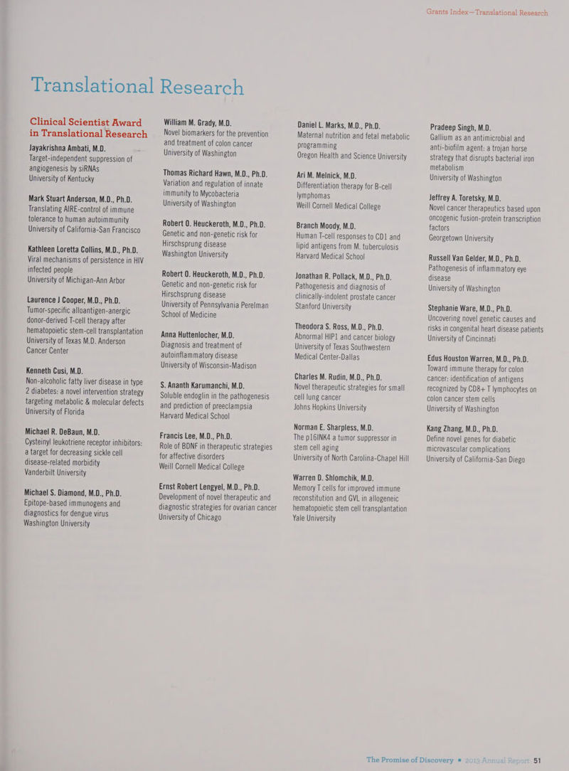 Clinical Scientist Award in Translational Research Jayakrishna Ambati, M.D. Target-independent suppression of angiogenesis by siRNAs University of Kentucky Mark Stuart Anderson, M.D., Ph.D. Translating AIRE-control of immune tolerance to human autoimmunity University of California-San Francisco Kathleen Loretta Collins, M.D., Ph.D. Viral mechanisms of persistence in HIV infected people University of Michigan-Ann Arbor Laurence J Cooper, M.D., Ph.D. Tumor-specific alloantigen-anergic donor-derived T-cell therapy after hematopoietic stem-cell transplantation University of Texas M.D. Anderson Cancer Center Kenneth Cusi, M.D. Non-alcoholic fatty liver disease in type 2 diabetes: a novel intervention strategy targeting metabolic &amp; molecular defects University of Florida Michael R. DeBaun, M.D. Cysteinyl leukotriene receptor inhibitors: a target for decreasing sickle cell disease-related morbidity Vanderbilt University Michael S. Diamond, M.D., Ph.D. Epitope-based immunogens and diagnostics for dengue virus Washington University William M. Grady, M.D. Novel biomarkers for the prevention and treatment of colon cancer University of Washington Thomas Richard Hawn, M.D., Ph.D. Variation and regulation of innate immunity to Mycobacteria University of Washington Robert 0. Heuckeroth, M.D., Ph.D. Genetic and non-genetic risk for Hirschsprung disease Washington University Robert 0. Heuckeroth, M.D., Ph.D. Genetic and non-genetic risk for Hirschsprung disease University of Pennsylvania Perelman School of Medicine Anna Huttenlocher, M.D. Diagnosis and treatment of autoinflammatory disease University of Wisconsin-Madison S. Ananth Karumanchi, M.D. Soluble endoglin in the pathogenesis and prediction of preeclampsia Harvard Medical School Francis Lee, M.D., Ph.D. Role of BDNF in therapeutic strategies for affective disorders Weill Cornell Medical College Ernst Robert Lengyel, M.D., Ph.D. Development of novel therapeutic and diagnostic strategies for ovarian cancer University of Chicago Daniel L. Marks, M.D., Ph.D. Maternal nutrition and fetal metabolic programming Oregon Health and Science University Ari M. Melnick, M.D. Differentiation therapy for B-cell lymphomas Weill Cornell Medical College Branch Moody, M.D. Human T-cell responses to CD1 and lipid antigens from M. tuberculosis Harvard Medical School Jonathan R. Pollack, M.D., Ph.D. Pathogenesis and diagnosis of clinically-indolent prostate cancer Stanford University Theodora S. Ross, M.D., Ph.D. Abnormal HIP] and cancer biology University of Texas Southwestern Medical Center-Dallas Charles M. Rudin, M.D., Ph.D. Novel therapeutic strategies for small cell lung cancer Johns Hopkins University Norman E. Sharpless, M.D. The p16INK4 a tumor suppressor in stem cell aging University of North Carolina-Chapel Hill Warren D. Shlomchik, M.D. Memory T cells for improved immune reconstitution and GVL in allogeneic hematopoietic stem cell transplantation Yale University Grants Index—Translational Research Pradeep Singh, M.D. Gallium as an antimicrobial and anti-biofilm agent: a trojan horse Strategy that disrupts bacterial iron metabolism University of Washington Jeffrey A. Toretsky, M.D. Novel cancer therapeutics based upon oncogenic fusion-protein transcription factors Georgetown University Russell Van Gelder, M.D., Ph.D. Pathogenesis of inflammatory eye disease University of Washington Stephanie Ware, M.D., Ph.D. Uncovering novel genetic causes and risks in congenital heart disease patients University of Cincinnati Edus Houston Warren, M.D., Ph.D. Toward immune therapy for colon cancer: identification of antigens recognized by CD8+ T lymphocytes on colon cancer stem cells University of Washington Kang Zhang, M.D., Ph.D. Define novel genes for diabetic microvascular complications University of California-San Diego