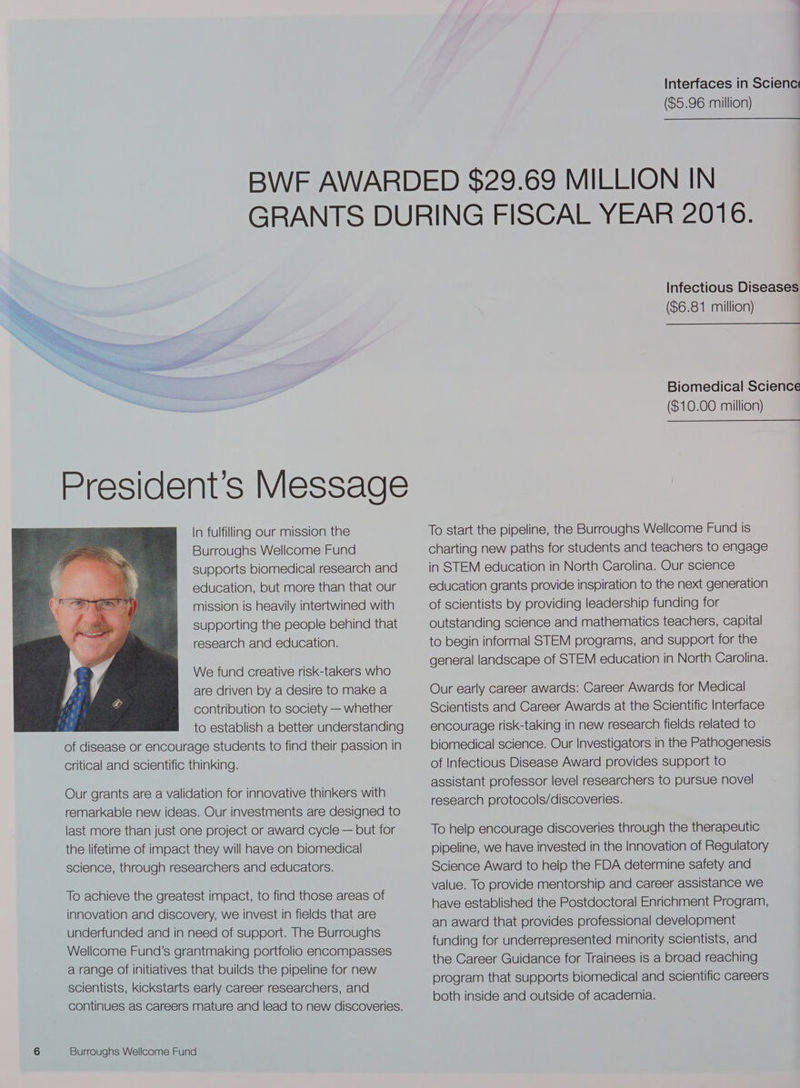($5.96 million) President’s Message In fulfilling our mission the Burroughs Wellcome Fund supports biomedical research and education, but more than that our mission is heavily intertwined with supporting the people behind that research and education. We fund creative risk-takers who are driven by a desire to make a contribution to society — whether to establish a better understanding of disease or encourage students to find their passion in critical and scientific thinking. Our grants are a validation for innovative thinkers with remarkable new ideas. Our investments are designed to last more than just one project or award cycle — but for the lifetime of impact they will have on biomedical science, through researchers and educators. To achieve the greatest impact, to find those areas of innovation and discovery, we invest in fields that are underfunded and in need of support. The Burroughs Wellcome Fund’s grantmaking portfolio encompasses a range of initiatives that builds the pipeline for new scientists, kickstarts early career researchers, and continues as careers mature and lead to new discoveries. Burroughs Wellcome Fund ($6.81 million) To start the pipeline, the Burroughs Wellcome Fund is charting new paths for students and teachers to engage in STEM education in North Carolina. Our science education grants provide inspiration to the next generation of scientists by providing leadership funding for outstanding science and mathematics teachers, capital to begin informal STEM programs, and support for the general landscape of STEM education in North Carolina. Our early career awards: Career Awards for Medical Scientists and Career Awards at the Scientific Interface encourage risk-taking in new research fields related to biomedical science. Our Investigators in the Pathogenesis of Infectious Disease Award provides support to assistant professor level researchers to pursue novel research protocols/discoveries. To help encourage discoveries through the therapeutic pipeline, we have invested in the Innovation of Regulatory Science Award to help the FDA determine safety and value. To provide mentorship and career assistance we have established the Postdoctoral Enrichment Program, an award that provides professional development funding for underrepresented minority scientists, and the Career Guidance for Trainees is a broad reaching program that supports biomedical and scientific careers both inside and outside of academia.