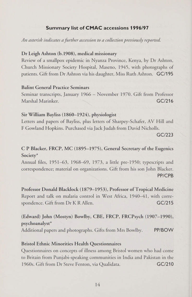 Summary list of CMAC accessions 1996/97 An asterisk indicates a further accession to a collection previously reported. Dr Leigh Ashton (b.1908), medical missionary Review of a smallpox epidemic in Nyanza Province, Kenya, by Dr Ashton, Church Missionary Society Hospital, Maseno, 1945, with photographs of patients. Gift from Dr Ashton via his daughter, Miss Ruth Ashton. GC/195 Balint General Practice Seminars Seminar transcripts, January 1966 — November 1970. Gift from Professor Marshal Marinker. GC/216 Sir William Bayliss (1860-1924), physiologist Letters and papers of Bayliss, plus letters of Sharpey-Schafer, AV Hill and F Gowland Hopkins. Purchased via Jack Judah from David Nicholls. GC/223 C P Blacker, FRCP, MC (1895-1975), General Secretary of the Eugenics Society* Annual files, 1951-63, 1968-69, 1973, a little pre-1950; typescripts and correspondence; material on organizations. Gift from his son John Blacker. PP/CPB Professor Donald Blacklock (1879-1953), Professor of Tropical Medicine Report and talk on malaria control in West Africa, 1940-41, with corre- spondence. Gift from Dr K R Allen. GG@/215 (Edward) John (Mostyn) Bowlby, CBE, FRCP, FRCPsych (1907-1990), psychoanalyst* Additional papers and photographs. Gifts from Mrs Bowlby. PP/BOW Bristol Ethnic Minorities Health Questionnaires Questionnaires on concepts of illness among Bristol women who had come to Britain from Punjabi-speaking communities in India and Pakistan in the 1960s. Gift from Dr Steve Fenton, via Qualidata. GC/210