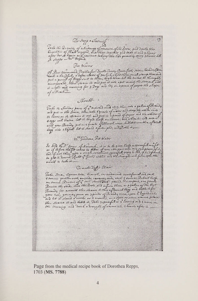 (Gra fade fhe. § oe Pes tardy, artis ie pas of jn fi “4 ening fe asia ic in eo [ears dhemsrse fan is Agar ae Page from the medical recipe book of Dorothea Repps, 1703 (MS. 7788)