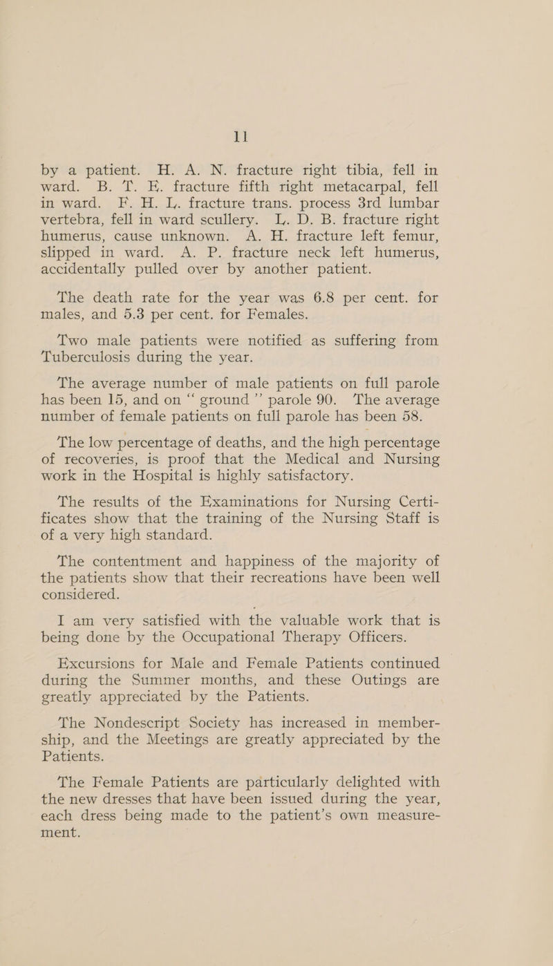 by a patient. H. A. N. fracture right tibia, fell in ward. B. T. EH. fracture fifth right metacarpal, fell in ward. F. H. L. fracture trans. process 3rd lumbar vertebra, fell in ward scullery. L. D. B. fracture right humerus, cause unknown. A. H. fracture left femur, slipped in ward. A. P. fracture neck left humerus, accidentally pulled over by another patient. The death rate for the year was 6.8 per cent. for males, and 5.3 per cent. for Females. Two male patients were notified as suffering from Tuberculosis during the year. The average number of male patients on full parole has been 15, and on “ ground ”’ parole 90. ‘The average number of female patients on full parole has been 58. The low percentage of deaths, and the high percenta ge of recoveries, is proof that the Medical and Nursing work in the Hospital is highly satisfactory. The results of the Examinations for Nursing Certi- ficates show that the training of the Nursing Staff is of a very high standard. The contentment and happiness of the majority of the patients show that their recreations have been well considered. I am very satisfied with the valuable work that is being done by the Occupational Therapy Officers. Excursions for Male and Female Patients continued during the Summer months, and these Outings are greatly appreciated by the Patients. The Nondescript Society has increased in member- ship, and the Meetings are greatly appreciated by the Patients. The Female Patients are particularly delighted with the new dresses that have been issued during the year, each dress being made to the patient’s own measure- ment.