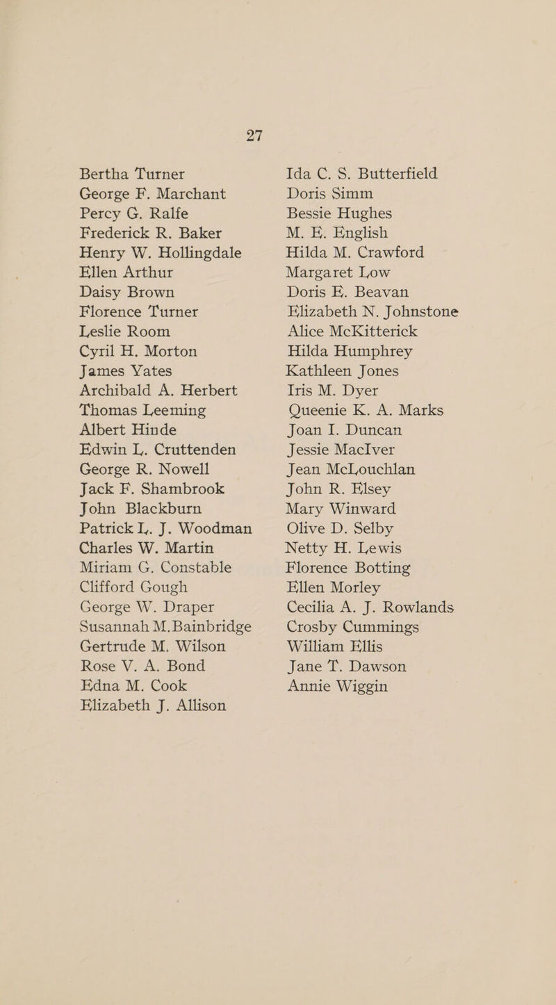 Bertha Turner George F. Marchant Percy G. Ralfe Frederick R. Baker Henry W. Hollingdale Ellen Arthur Daisy Brown Florence Turner Leslie Room Cyril H. Morton James Yates Archibald A. Herbert Thomas Leeming Albert Hinde Edwin L. Cruttenden George R. Nowell Jack F. Shambrook John Blackburn Patrick L. J. Woodman Charles W. Martin Miriam G. Constable Clifford Gough George W. Draper Susannah M, Bainbridge Gertrude M. Wilson Rose V. A. Bond Edna M. Cook Elizabeth J. Allison Ida C. S. Butterfield Doris Simm Bessie Hughes M. E. English Hilda M. Crawford Margaret Low Doris EF. Beavan Elizabeth N. Johnstone Alice McKitterick Hilda Humphrey Kathleen Jones Iris M. Dyer Queenie K. A. Marks Joan I. Duncan Jessie MacIver Jean McLouchlan John R. Elsey Mary Winward Olive D. Selby Netty H. Lewis Florence Botting Ellen Morley Cecilia A. J. Rowlands Crosby Cummings William Ellis Jane T. Dawson Annie Wiggin