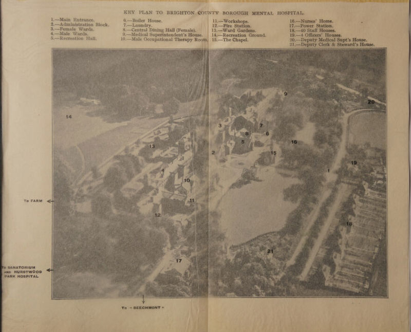 es ne ee EE | KEY PLAN TO BRIGHTON COUNTY BOROUGH MENTAL HOSPITAL. i1.—Main Entrance. 6.—Boiler House. 11.—Workshops. 16.—Nurses’ Home. 2.—Administration Block. 7.—Laundry. 12.—Fire Station. 17.—Power Station. 3.—Female Wards. 8.—Central Dining Hall (Female). © 13.—Ward Gardens. 18.—40 Staff Houses. 4.—Male Wards. 9.—Medical Superintendent’s House. 14.—Recreation Ground. ea Onsbony Be Sone 5.—Recreation Hall. 10.—Male Occupational Therapy Room, 15.—The Chapel. To FARM fo SANATORIUM amp HURSTWOOD PARK HOSPITAL