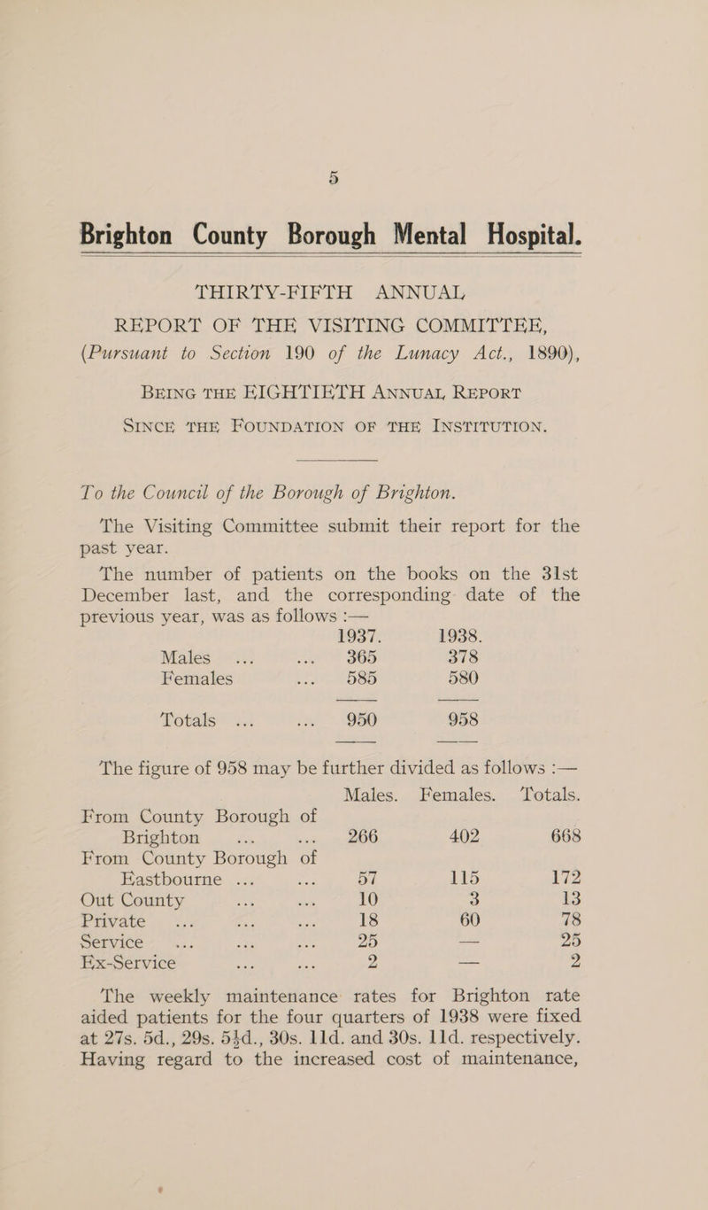 Brighton County Borough Mental Hospital. THIRTY-FIFTH ANNUAL REPORT OF THE VISITING COMMITTHE, (Pursuant to Section 190 of the Lunacy Act., 1890), BEING THE EIGHTIETH ANNUAL REPORT SINCE THE FOUNDATION OF THE INSTITUTION. To the Council of the Borough of Brighton. The Visiting Committee submit their report for the past year. The number of patients on the books on the 31st December last, and the corresponding date of the previous year, was as follows :— 1937. 1938. Males -«... ae 365 378 Females ae 585 580 Totals ... ie 950 958 The figure of 958 may be further divided as follows :— Males. Females. Totals. From County Borough of Brighton mn 266 402 668 From County ok of Eastbourne ... 57 115 Vi2 Out County aS a 10 3 13 PiuVAve o6 Sis aly a 18 60 78 Service... ee oe yaa — 25 Ex-Service pe ive 2 — 2 The weekly maintenance rates for Brighton rate aided patients for the four quarters of 1938 were fixed at 27s. 5d., 29s. 54d., 30s. 11d. and 30s. 11d. respectively. Having regard to the increased cost of maintenance,