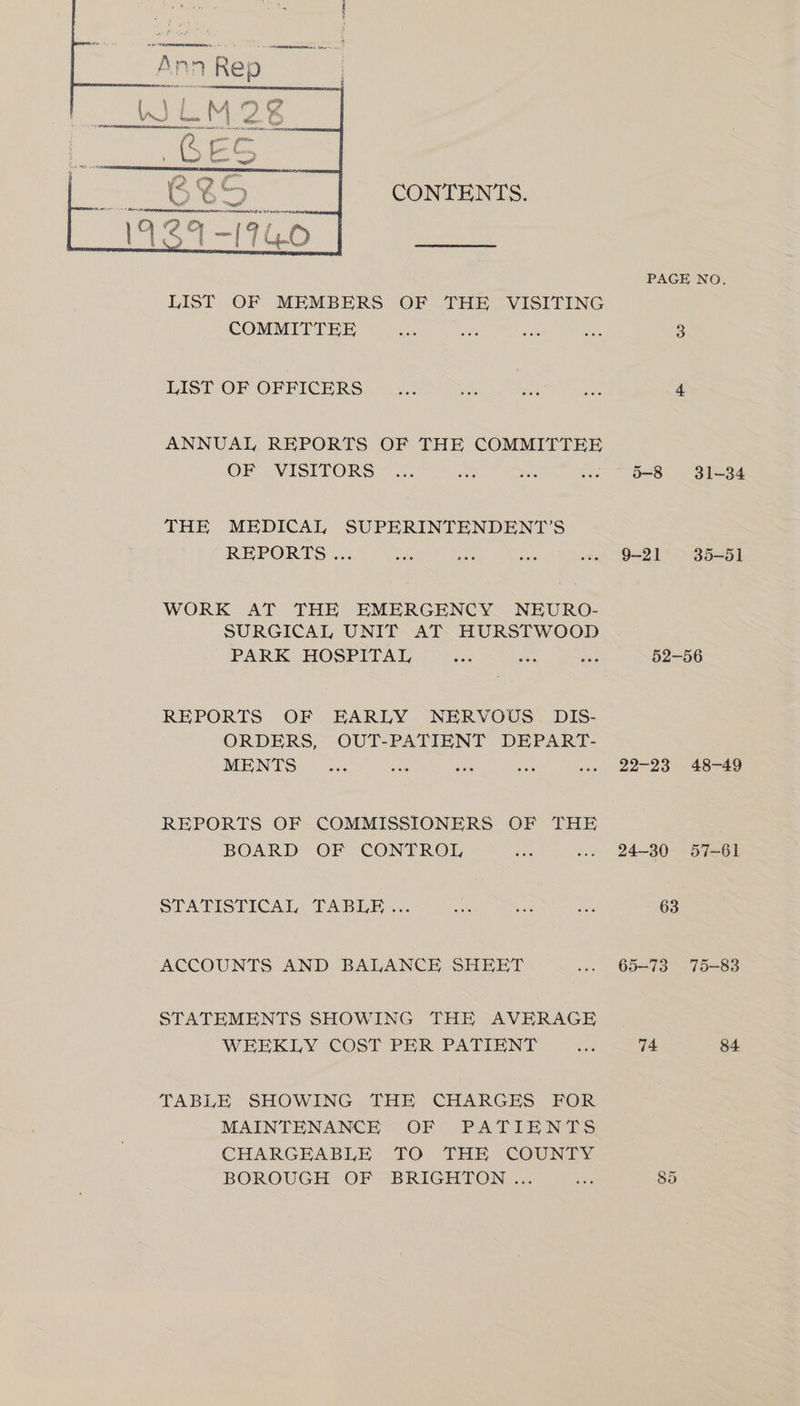 CONTENTS. LIST OF MEMBERS OF THE VISITING COMMITTEE LIST OF OFFICERS ANNUAL REPORTS OF THE COMMITTEE OF VISITORS THE MEDICAL SUPERINTENDENT’S REPORTS ... WORK AT THE EMERGENCY NEURO- SURGICAL UNIT AT HURSTWOOD PARK HOSPITAL REPORTS OF EARLY NERVOUS DIS- ORDERS, OUT-PATIENT DEPART- MENTS as a ae REPORTS OF. COMMISSIONERS OF THE BOARD OF CONTROL STATISTICAL TABLE ... ACCOUNTS AND BALANCE SHEET STATEMENTS SHOWING THE AVERAGE WEEKLY COST PER PATIENT TABLE SHOWING THE CHARGES FOR MAINTENANCE OF PATIENTS CHARGEABLE TO THE COUNTY BOROUGH OF BRIGHTON ... PAGE NO. 9-21 35-51 52-56 22-23 48-49 24-30 57-61 63 65-73 75-83 74 84