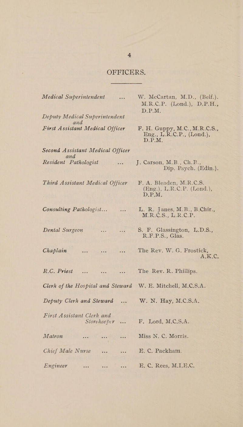 OFFICERS. Medical Superintendent owe W. McCartan, M.D., (Belf.). M.R.C.P,. Goud. py DSP ts. D.P.M, Deputy Medical Superintendent and Furst Assistant Medical Officer FP. .H.. Guppy, ALC. MR Com, Eng. dy. RAC.P., (Lond3, D.P.M. Second Assistant Medical Officer and Resident Pathologist mer J. Carson, MIB. ;3Ch.B, Dip. Psych. (Edin.). Third Assistant Medical Officer F. A. Bleaden, M.R.C.S. (Big), LeR-CIR. (Lond:); DiP MM. Consulting Pathologist... eS I,.“R: Janes; M.Bt, B: Chir, NECROSS. RCP Dental Surgeon ae a S. F. Glassington, L.D.S., R.F.P.S:, Glas. Chaplain sits ne ies The Rev. W. G. Frostick, AKC RC. Prviest. v3: ia ak The Rev. R. Phillips. Clerk of the Hospital and Steward W. E. Mitchell, M.C.S.A. Deputy Clerk and Steward ... W. N. Hay, M.C.S.A. First Assistant Clerk and Siovehkeeper ... F. Lord, M.C.S.A. Matron 3x: sits oa Miss N. C. Morris. Chief Male Nurse ves ae EC. Packhans Engineer aa ee Le H.C. Rees, MLE,