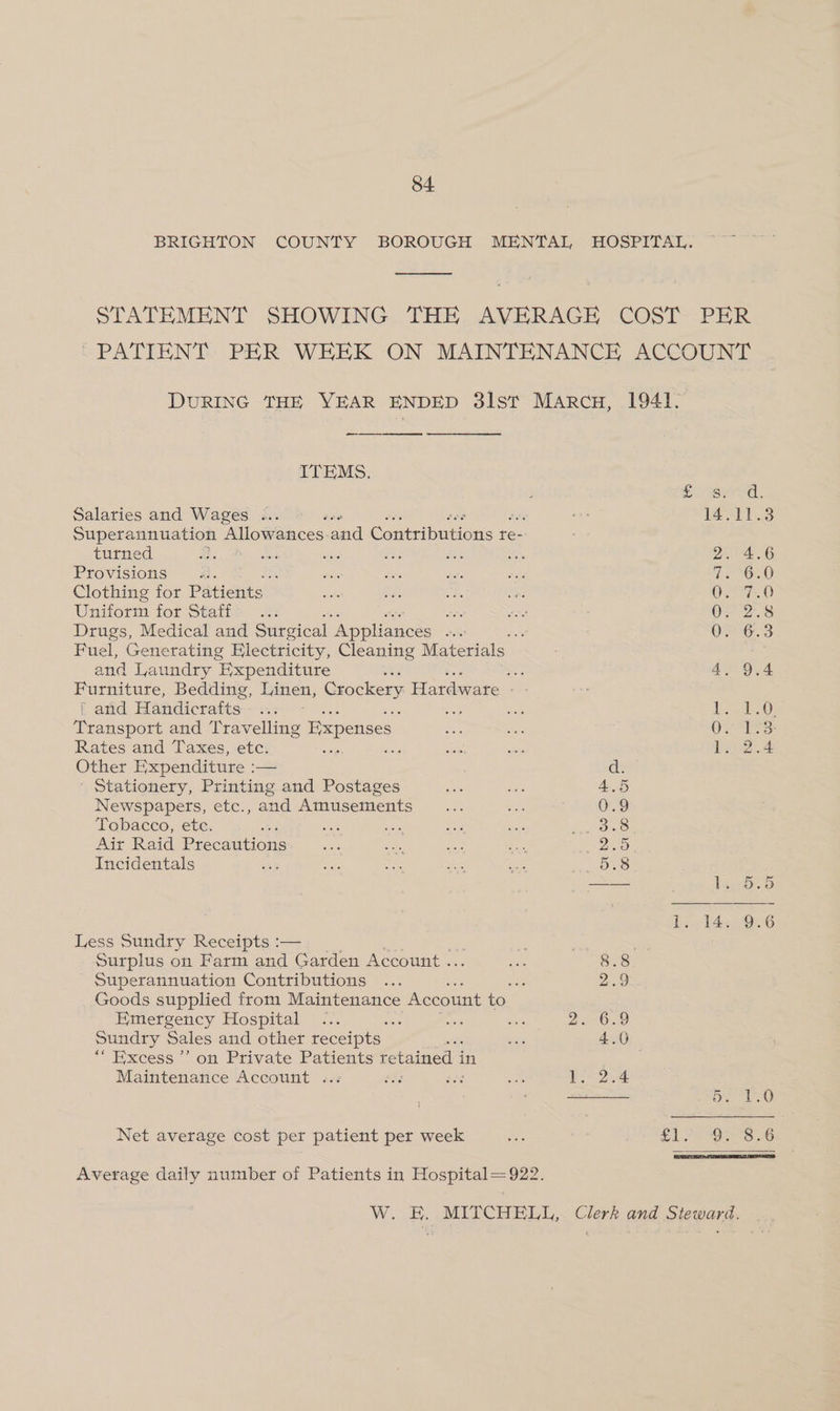 BRIGHTON COUNTY BOROUGH MENTAL HOSPITAL. STATEMENT SHOWING THE AVERAGE -COST~- PER ‘PATIENT PHR WEEK ON MAINTENANCE ACCOUNT DURING THE YEAR ENDED 31st Marcu, 1941. ITEMS. — SS) C57 (82) eB Salaries and Wages .. Superannuation Allowances. and contrbueons tre- turned j * sey ote Sag Mh Provisions =... ‘ Clothing for Patients Uniform for Staff : bie Drugs, Medical and Surgical “Appliances ns 5 Fuel, Generating Electricity, Cleaning Materials and Laundry Expenditure ee Furniture, Bedding, Linen, Crockery Hardware - | and Handicrafts re 5 Transport and Travelling Expenses Rates and Taxes, etc. ead Pas ee Other Expenditure :-— d. Stationery, Printing and Postages a » a BCS: JR Oe SSG wo! — Oe N= — 4.5 Newspapers, etc., and Amusements , ee 0.9 Tobacco, etc. wea es ie a See sreoa8 Air Raid Precautions ae on a Qo Incidentals Des Less Sundry Receipts :— Surplus on Farm and Garden Account . 8.8 Superannuation Contributions ~ 2.0 Goods supplied from Maintenance Account to Emergency Hospital ~.. ud oe an 22 90..9 Sundry Sales and other receipts. “i ash 4.0 “Excess ”’ on Private Patients retained i in Maintenance Account ..: oe wee ae 1. 2.4 Net average cost per patient per week ee S12 ee S60 Average daily number of Patients in Hospital=922. W. E. MITCHELL, Clerk and Steward.