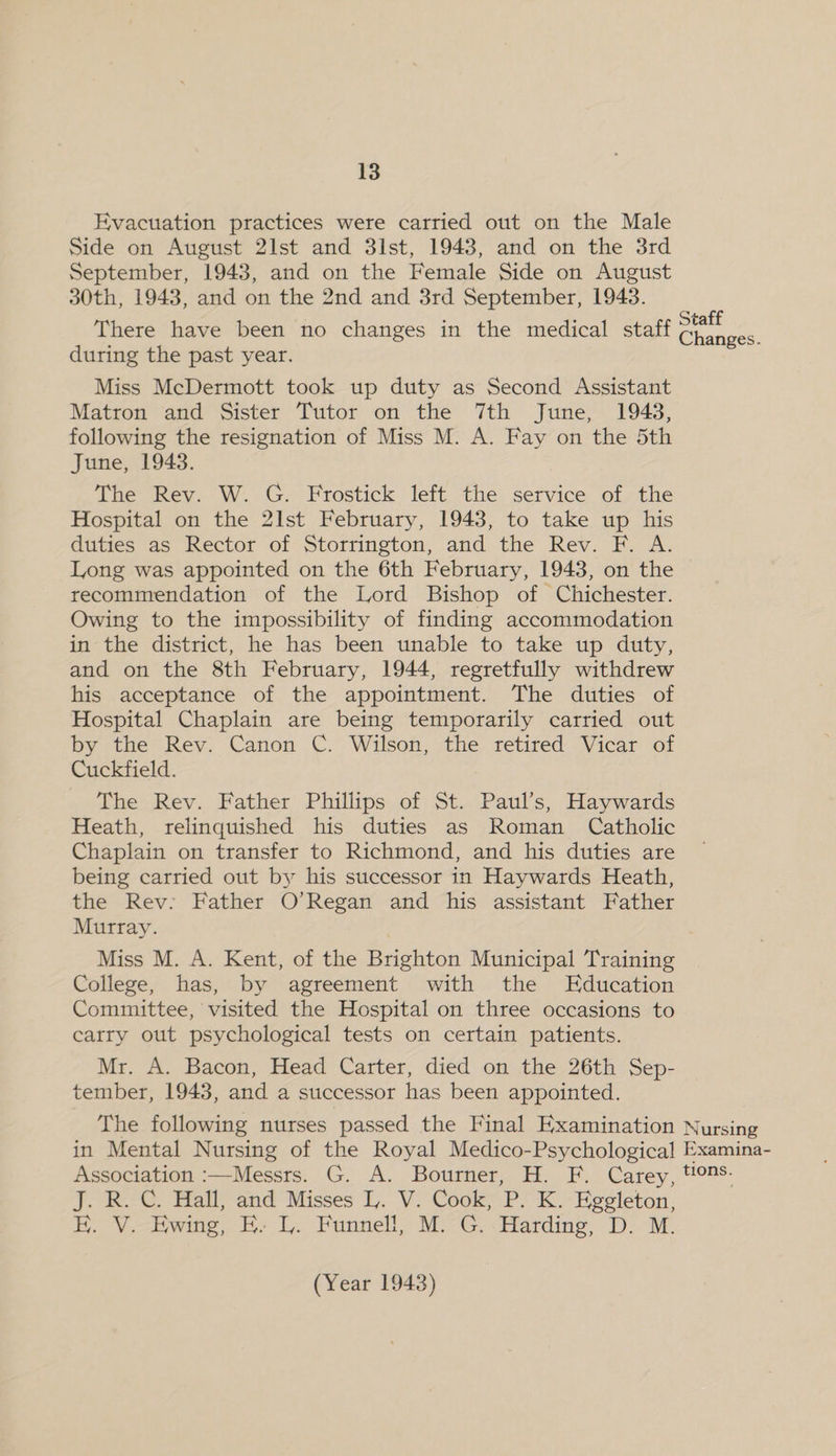 Evacuation practices were carried out on the Male Side on August 21st and 3lst, 1943, and on the 3rd September, 1943, and on the Female Side on August 30th, 1943, and on the 2nd and 3rd September, 1943. There have been no changes in the medical staff during the past year. Miss McDermott took up duty as Second Assistant Matron and Sister Tutor on the 7th June, 1943, following the resignation of Miss M. A. Fay on the 5th June, 1943. The Rev. W. G. Frostick left the service of the Hospital on the 21st February, 1943, to take up his duties as Rector of Storrington, and the Rev. F. A. Long was appointed on the 6th February, 1943, on the recommendation of the Lord Bishop of Chichester. Owing to the impossibility of finding accommodation in the district, he has been unable to take up duty, and on the 8th February, 1944, regretfully withdrew his acceptance of the appointment. The duties of Hospital Chaplain are being temporarily carried out by the Rev. Canon C. Wilson, the retired Vicar of Cuckfield. The Rev. Father Phillips of St. Paul’s, Haywards Heath, relinquished his duties as Roman Catholic Chaplain on transfer to Richmond, and his duties are being carried out by his successor in Haywards Heath, the Rev. Father O’Regan and his assistant Father Murray. Miss M. A. Kent, of the Brighton Municipal Training College, has, by agreement with the Education Committee, visited the Hospital on three occasions to carry out psychological tests on certain patients. Mr. A. Bacon, Head Carter, died on the 26th Sep- tember, 1943, and a successor has been appointed. The following nurses passed the Final Examination Nursing in Mental Nursing of the Royal Medico-Psychological Examina- Association :—Messrs. G. A. Bourner, H. F. Carey, *0™5- J, ROC, Mall and Misses 1. V7 Cook’ PSK: Eesleton. H. V.—Ewing, BH: TL. Funnell; M:-G. Harding, D:-M. Staff Changes.