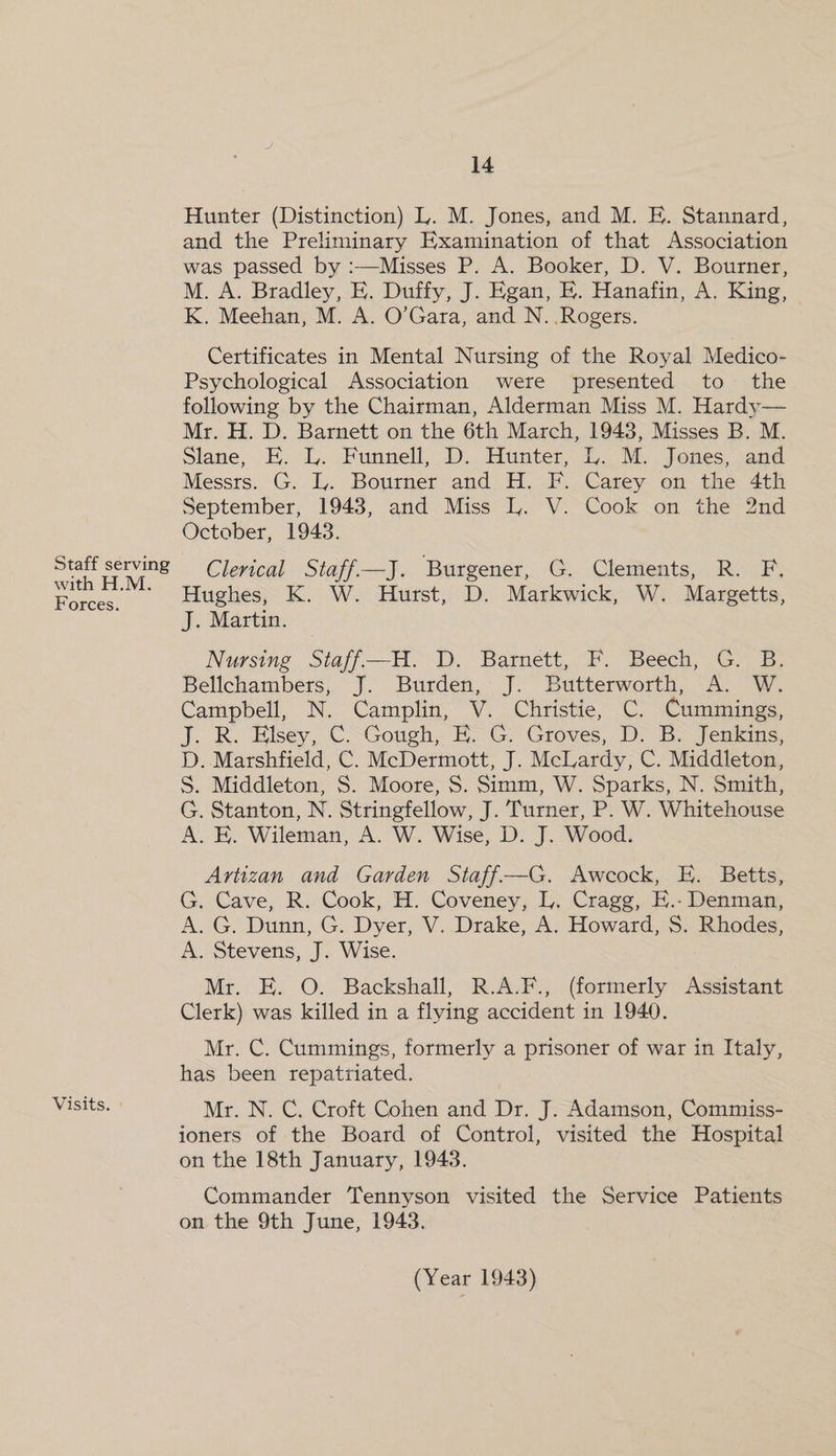 Staff serving with H.M. Forces. Visits. 14 Hunter (Distinction) L. M. Jones, and M. E. Stannard, and the Preliminary Examination of that Association was passed by :—Misses P. A. Booker, D. V. Bourner, M. A. Bradley, E. Duffy, J. Egan, EK. Hanafin, A. King, K. Meehan, M. A. O’Gara, and N. .Rogers. Certificates in Mental Nursing of the Royal Medico- Psychological Association were presented to the following by the Chairman, Alderman Miss M. Hardy— Mr. H. D. Barnett on the 6th March, 1943, Misses B. M. Slane, E. L. Funnell, D. Hunter, L. M. Jones, and Messrs. G. IL. Bourner and H. F. Carey on the 4th September, 1943, and Miss L. V. Cook on the 2nd October, 1943. Clerical Staff—J. Burgener, G. Clements, R. F. Hughes, K. W. Hurst, D. Markwick, W. Margetts, J. Martin. Nursing Staff—H. D. Barnett, F. Beech, G. B. Bellchambers, J. Burden, J. Butterworth, A. W. Campbell, N. Camplin, V. Christie, C. Cummings, J. R. Hlsey, C. Gough, E. G. Groves, D. B. Jenkins, D. Marshfield, C. McDermott, J. McLardy, C. Middleton, S. Middleton, S. Moore, S. Simm, W. Sparks, N. Smith, G. Stanton, N. Stringfellow, J. Turner, P. W. Whitehouse A. EK. Wileman, A. W. Wise, D. J. Wood. Artizan and Garden Staff—G. Awcock, E. Betts, G. Cave, R. Cook, H. Coveney, L. Cragg, E.- Denman, A. G. Dunn, G. Dyer, V. Drake, A. Howard, S$. Rhodes, A. Stevens, J. Wise. Mr. E. O. Backshall, R.A.F., (formerly Assistant Clerk) was killed in a flying accident in 1940. Mr. C. Cummings, formerly a prisoner of war in Italy, has been repatriated. Mr. N. C. Croft Cohen and Dr. J. Adamson, Commiss- ioners of the Board of Control, visited the Hospital on the 18th January, 1943. Commander Tennyson visited the Service Patients on the 9th June, 1943.