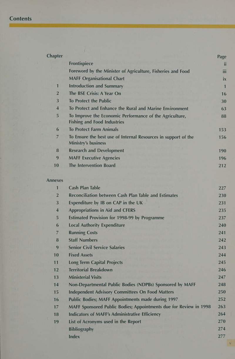 Chapter Page Frontispiece il Foreword by the Minister of Agriculture, Fisheries and Food lil MAFF Organisational Chart ix 1 Introduction and Summary 1 2 The BSE Crisis: A Year On 16 3 To Protect the Public 30 4 To Protect and Enhance the Rural and Marine Environment 63 5 To Improve the Economic Performance of the Agriculture, 88 Fishing and Food Industries 6 To Protect Farm Animals 153 7 To Ensure the best use of Internal Resources in support of the 156 Ministry’s business 8 Research and Development 190 MAFF Executive Agencies 196 10 The Intervention Board 212 Annexes 1 Cash Plan Table 227 2 Reconciliation between Cash Plan Table and Estimates 230 3 Expenditure by IB on CAP in the UK 231 4 Appropriations in Aid and CFERS 235 5 Estimated Provision for 1998-99 by Programme 237 6 Local Authority Expenditure 240 7 Running Costs 241 8 Staff Numbers 242 9 Senior Civil Service Salaries 243 10 Fixed Assets 244 11 Long Term Capital Projects 245 12 Territorial Breakdown 246 13 Ministerial Visits 247 14 Non-Departmental Public Bodies (NDPBs) Sponsored by MAFF 248 15 Independent Advisory Committees On Food Matters 250 16 Public Bodies; MAFF Appointments made during 1997 252 17 MAFF Sponsored Public Bodies; Appointments due for Review in 1998 = 263 18 Indicators of MAFF’s Administrative Efficiency 264 19 List of Acronyms used in the Report 270 Bibliography 274 Index 277