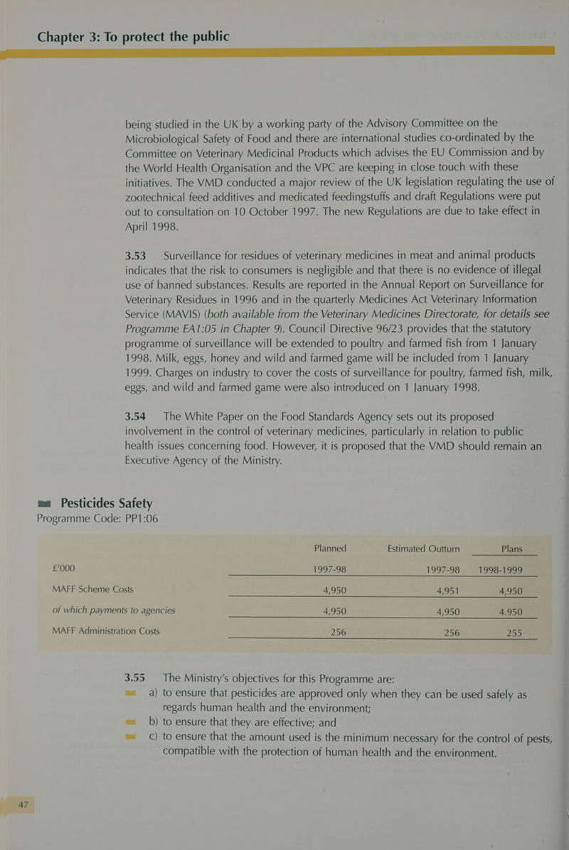 being studied in the UK by a working party of the Advisory Committee on the Microbiological Safety of Food and there are international studies co-ordinated by the Committee on Veterinary Medicinal Products which advises the EU Commission and by the World Health Organisation and the VPC are keeping in close touch with these initiatives. The VMD conducted a major review of the UK legislation regulating the use of zootechnical feed additives and medicated feedingstuffs and draft Regulations were put out to consultation on 10 October 1997. The new Regulations are due to take effect in April 1998. 3.53 Surveillance for residues of veterinary medicines in meat and animal products indicates that the risk to consumers is negligible and that there is no evidence of illegal use of banned substances. Results are reported in the Annual Report on Surveillance for Veterinary Residues in 1996 and in the quarterly Medicines Act Veterinary Information Service (MAVIS) (both available from the Veterinary Medicines Directorate, for details see Programme FA1:05 in Chapter 9). Council Directive 96/23 provides that the statutory programme of surveillance will be extended to poultry and farmed fish from 1 January 1998. Milk, eggs, honey and wild and farmed game will be included from 1 January 1999. Charges on industry to cover the costs of surveillance for poultry, farmed fish, milk, eggs, and wild and farmed game were also introduced on 1 January 1998. 3.54 The White Paper on the Food Standards Agency sets out its proposed involvement in the control of veterinary medicines, particularly in relation to public health issues concerning food. However, it is proposed that the VMD should remain an Executive Agency of the Ministry. Planned Estimated Outturn Plans 1997-98 1997-98 1998-1999 MAFF Scheme Costs 4,950 4,951 4,950 of which payments to agencies 4,950 4,950 4.950 MAFF Administration Costs 256 256 255 3.55 The Ministry’s objectives for this Programme are: == a) to ensure that pesticides are approved only when they can be used safely as regards human health and the environment; ~=_ b) to ensure that they are effective; and ~= c) to ensure that the amount used is the minimum necessary for the control of pests, compatible with the protection of human health and the environment.