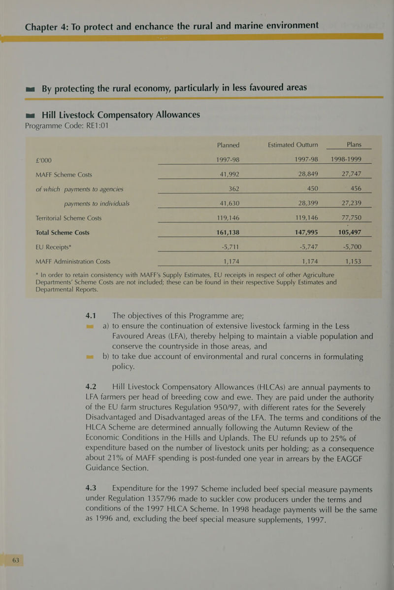 ma By protecting the rural economy, particularly in less favoured areas a a a a a a ma Hill Livestock Compensatory Allowances Programme Code: RE1:01 Planned Estimated Outturn Plans £'000 1997-98 1997-98 1998-1999 MAFF Scheme Costs 41,992 28,849 27,747 of which payments to agencies 362 450 456 payments to individuals 41,630 28,399 27,239 Territorial Scheme Costs 119,146 119,146 77,750 Total Scheme Costs 161,138 147,995 105,497 EU Receipts* -5,711 -5,747 -5,700 MAFF Administration Costs 1,174 1,174 TSS * In order to retain consistency with MAFF’s Supply Estimates, EU receipts in respect of other Agriculture Departments’ Scheme Costs are not included; these can be found in their respective Supply Estimates and Departmental Reports. 4.1 The objectives of this Programme are; ~= a) to ensure the continuation of extensive livestock farming in the Less Favoured Areas (LFA), thereby helping to maintain a viable population and conserve the countryside in those areas, and w= b) to take due account of environmental and rural concerns in formulating policy. 4.2 Hill Livestock Compensatory Allowances (HLCAs) are annual payments to LFA farmers per head of breeding cow and ewe. They are paid under the authority of the EU farm structures Regulation 950/97, with different rates for the Severely Disadvantaged and Disadvantaged areas of the LFA. The terms and conditions of the HLCA Scheme are determined annually following the Autumn Review of the Economic Conditions in the Hills and Uplands. The EU refunds up to 25% of expenditure based on the number of livestock units per holding; as a consequence about 21% of MAFF spending is post-funded one year in arrears by the EAGGF Guidance Section. 4.3 Expenditure for the 1997 Scheme included beef special measure payments under Regulation 1357/96 made to suckler cow producers under the terms and conditions of the 1997 HLCA Scheme. In 1998 headage payments will be the same as 1996 and, excluding the beef special measure supplements, 1997.