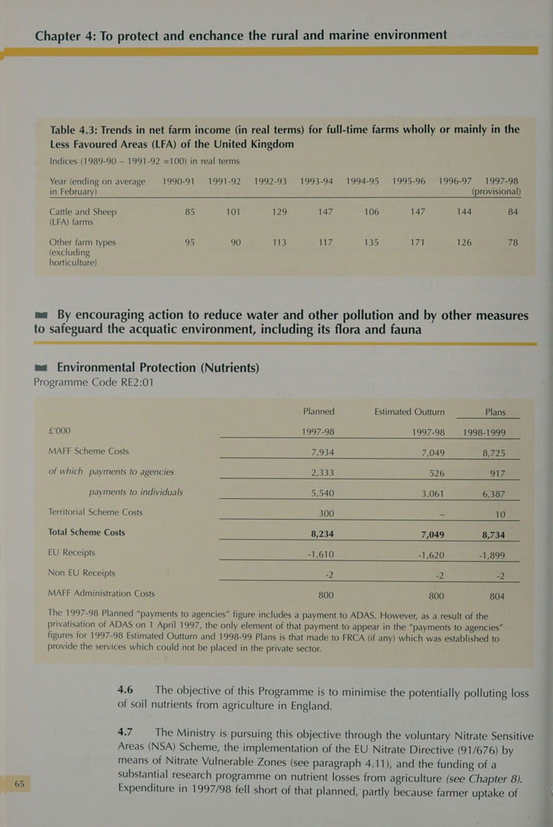 65 Table 4.3: Trends in net farm income (in real terms) for full-time farms wholly or mainly in the Less Favoured Areas (LFA) of the United Kingdom Indices (1989-90 — 1991-92 =100) in real terms Year (ending on average 1990-91 1991-92 1992-93 1993-94 1994-95 1995-96 1996-97 1997-96 in February) (provisional) Cattle and Sheep 85 101 129 147 106 147 144 84 (LFA) farms Other farm types 25 90 iis 117 135 171 126 78 (excluding horticulture) ma By encouraging action to reduce water and other pollution and by other measures to safeguard the acquatic environment, including its flora and fauna I eee” ma Environmental Protection (Nutrients) Programme Code RE2:01 Planned Estimated Outturn Plans £'000 1997-98 1997-98 1998-1999 MAFF Scheme Costs 7,934 7,049 D720 of which payments to agencies 208 526 ote payments to individuals 5,540 3,061 6,387 Territorial Scheme Costs 300 - 10 Total Scheme Costs 8,234 7,049 8,734 EU Receipts -1,610 -1,620 -1,899 Non EU Receipts -2 -2 “2 MAFF Administration Costs 800 800 804 The 1997-98 Planned “payments to agencies” figure includes a payment to ADAS. However, as a result of the privatisation of ADAS on 1 April 1997, the only element of that payment to appear in the “payments to agencies” figures for 1997-98 Estimated Outturn and 1998-99 Plans is that made to FRCA (if any) which was established to provide the services which could not be placed in the private sector. 4.6 — The objective of this Programme is to minimise the potentially polluting loss of soil nutrients from agriculture in England. 4.7 The Ministry is pursuing this objective through the voluntary Nitrate Sensitive Areas (NSA) Scheme, the implementation of the EU Nitrate Directive (91/676) by means of Nitrate Vulnerable Zones (see paragraph 4.11), and the funding of a substantial research programme on nutrient losses from agriculture (see Chapter 8). Expenditure in 1997/98 fell short of that planned, partly because farmer uptake of