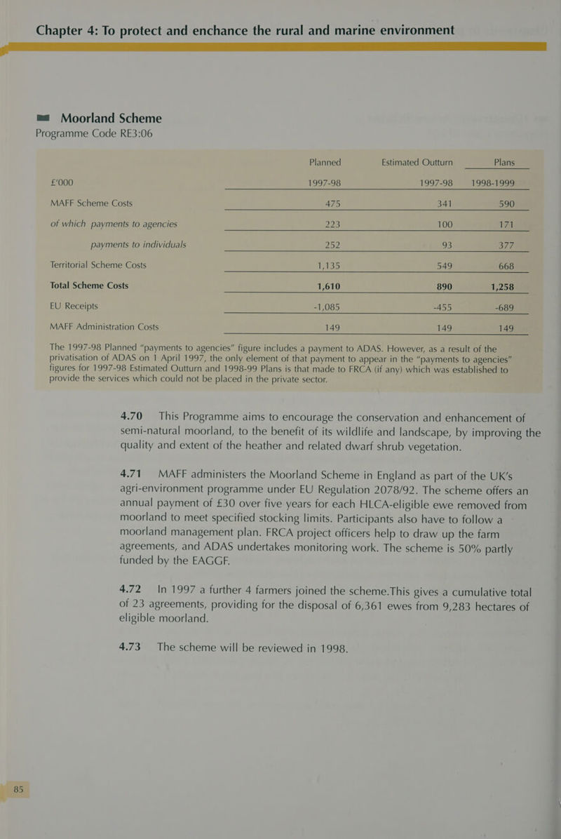 [00 0 OEE ee ere mi Moorland Scheme Programme Code RE3:06 Planned Estimated Outturn Plans £000 1997-98 1997-98 1998-1999 MAFF Scheme Costs 475 341 590 of which payments to agencies pp as: 100 17a payments to individuals psy o5 oF7 Territorial Scheme Costs 1,135 549 668 Total Scheme Costs 1,610 890 1,258 EU Receipts -1,085 -455 -689 MAFF Administration Costs 149 149 149 The 1997-98 Planned “payments to agencies” figure includes a payment to ADAS. However, as a result of the privatisation of ADAS on 1 April 1997, the only element of that payment to appear in the “payments to agencies” figures for 1997-98 Estimated Outturn and 1998-99 Plans is that made to FRCA (if any) which was established to provide the services which could not be placed in the private sector. 4.70 This Programme aims to encourage the conservation and enhancement of semi-natural moorland, to the benefit of its wildlife and landscape, by improving the quality and extent of the heather and related dwarf shrub vegetation. 4.71 MAFF administers the Moorland Scheme in England as part of the UK’s agri-environment programme under EU Regulation 2078/92. The scheme offers an annual payment of £30 over five years for each HLCA-eligible ewe removed from moorland to meet specified stocking limits. Participants also have to follow a moorland management plan. FRCA project officers help to draw up the farm agreements, and ADAS undertakes monitoring work. The scheme is 50% partly funded by the EAGGF. 4.72 In 1997 a further 4 farmers joined the scheme.This gives a cumulative total of 23 agreements, providing for the disposal of 6,361 ewes from 9,283 hectares of eligible moorland. 4.73 The scheme will be reviewed in 1998.
