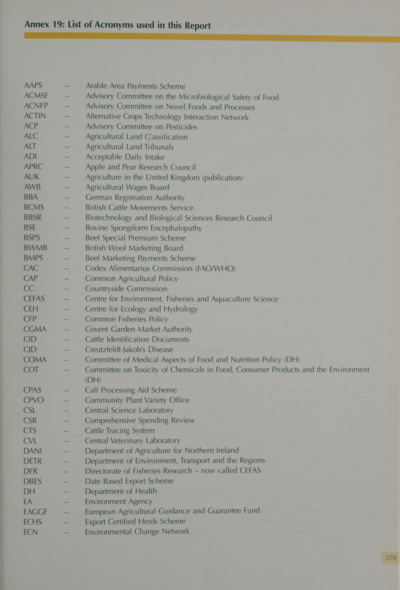 a AAPS — Arable Area Payments Scheme ACMSF ~ Advisory Committee on the Microbiological Safety of Food ACNFP - Advisory Committee on Novel Foods and Processes ACTIN - Alternative Crops Technology Interaction Network ACP - Advisory Committee on Pesticides ALC - Agricultural Land Classification ALT - Agricultural Land Tribunals ADI ~ Acceptable Daily Intake APRC - Apple and Pear Research Council AUK - Agriculture in the United Kingdom (publication) AWB ~ Agricultural Wages Board BBA - German Registration Authority BCMS - British Cattle Movements Service BBSR - Biotechnology and Biological Sciences Research Council BSE - Bovine Spongiform Encephalopathy BSPS - Beef Special Premium Scheme BWMB ~ British Wool Marketing Board BMPS - Beef Marketing Payments Scheme CAC - Codex Alimentarius Commission (FAO/WHO) CAP - Common Agricultural Policy a) - Countryside Commission CEFAS - Centre for Environment, Fisheries and Aquaculture Science CEH - Centre for Ecology and Hydrology ORE - Common Fisheries Policy CGMA ~ Covent Garden Market Authority CID - Cattle Identification Documents CJD _ Creutzfeldt-Jakob’s Disease COMA - Committee of Medical Aspects of Food and Nutrition Policy (DH) COT - Committee on Toxicity of Chemicals in Food, Consumer Products and the Environment (DH) (SPAS - Calf Processing Aid Scheme CPVO - Community Plant Variety Office CSL = Central Science Laboratory CSR ~ Comprehensive Spending Review CYS - Cattle Tracing System CVL - Central Veterinary Laboratory DANI ~ Department of Agriculture for Northern Ireland DETR - Department of Environment, Transport and the Regions DFR - Directorate of Fisheries Research — now called CEFAS DBES ~ Date Based Export Scheme DH - Department of Health EA - Environment Agency EAGGF ~ European Agricultural Guidance and Guarantee Fund ECHS - Export Certified Herds Scheme ECN - Environmental Change Network
