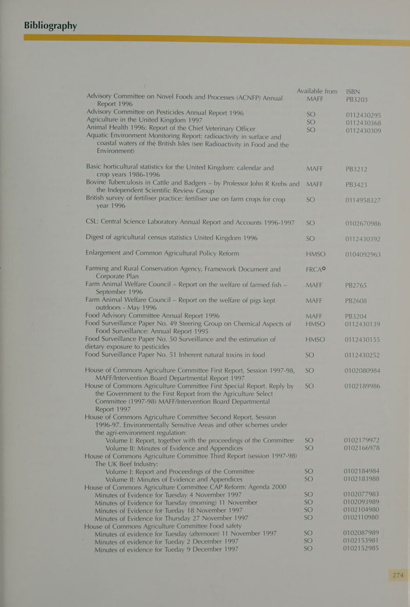 nn Available from ISBN Advisory Committee on Novel Foods and Processes (ACNFP) Annual MAFF PB3203 Report 1996 Advisory Committee on Pesticides Annual Report 1996 SO 0112430295 Agriculture in the United Kingdom 1997 SO 0112430368 Animal Health 1996: Report of the Chief Veterinary Officer SO 0112430309 Aquatic Environment Monitoring Report: radioactivity in surface and coastal waters of the British Isles (see Radioactivity in Food and the Environment) Basic horticultural statistics for the United Kingdom: calendar and MAFF PB3212 crop years 1986-1996 Bovine Tuberculosis in Cattle and Badgers — by Professor John R Krebs and MAFF PB3423 the Independent Scientific Review Group British survey of fertiliser practice: fertiliser use on farm crops for crop SO 0114958327 year 1996 CSL: Central Science Laboratory Annual Report and Accounts 1996-1997. SO 0102670986 Digest of agricultural census statistics United Kingdom 1996 SO 0112430392 Enlargement and Common Agricultural Policy Reform HMSO 0104092963 Farming and Rural Conservation Agency, Framework Document and FRCA® Corporate Plan Farm Animal Welfare Council — Report on the welfare of farmed fish — MAFF PB2765 September 1996 Farm Animal Welfare Council — Report on the welfare of pigs kept MAFF PB2608 outdoors - May 1996 Food Advisory Committee Annual Report 1996 MAFF PB3204 Food Surveillance Paper No. 49 Steering Group on Chemical Aspects of HMSO 0112430139 Food Surveillance: Annual Report 1995 Food Surveillance Paper No. 50 Surveillance and the estimation of HMSO 0112430155 dietary exposure to pesticides Food Surveillance Paper No. 51 Inherent natural toxins in food SO 0112430252 House of Commons Agriculture Committee First Report, Session 1997-98, | SO 0102080984 MAFF/Intervention Board Departmental Report 1997 House of Commons Agriculture Committee First Special Report. Reply by = SO 0102189986 the Government to the First Report from the Agriculture Select Committee (1997-98) MAFF/Intervention Board Departmental Report 1997 House of Commons Agriculture Committee Second Report, Session 1996-97. Environmentally Sensitive Areas and other schemes under the agri-environment regulation: Volume I: Report, together with the proceedings of the Committee SO 0102179972 Volume Il: Minutes of Evidence and Appendices SO 0102166978 House of Commons Agriculture Committee Third Report (session 1997-98) The UK Beef Industry: Volume |: Report and Proceedings of the Committee SO 0102184984 Volume II: Minutes of Evidence and Appendices SO 0102183988 House of Commons Agriculture Committee CAP Reform: Agenda 2000 Minutes of Evidence for Tuesday 4 November 1997 SO 0102077983 Minutes of Evidence for Tuesday (morning) 11 November SO 0102093989 Minutes of Evidence for Tueday 18 November 1997 SO 0102104980 Minutes of Evidence for Thursday 27 November 1997 SO 0102110980 House of Commons Agriculture Committee Food safety Minutes of evidence for Tuesday (afternoon) 11 November 1997 SO 0102087989 Minutes of evidence for Tueday 2 December 1997 SO 0102153981 Minutes of evidence for Tueday 9 December 1997 SO 0102152985