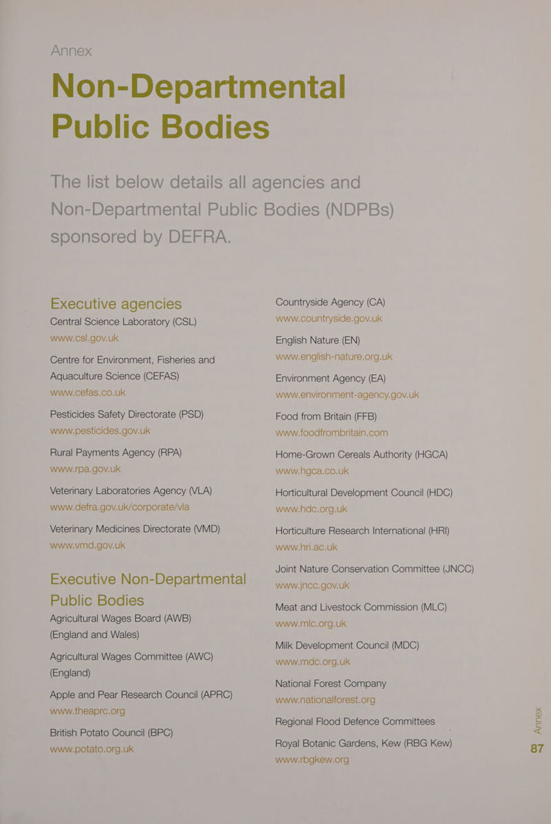 Annex sponsored by DEFRA. Executive agencies Central Science Laboratory (CSL) www.csl.gov.uk Centre for Environment, Fisheries and Aquaculture Science (CEFAS) www.cefas.co.uk Pesticides Safety Directorate (PSD) www.pesticides.gov.uk Rural Payments Agency (RPA) WWww.pa.gov.uk Veterinary Laboratories Agency (VLA) www.defra.gov.uk/corporate/vla Veterinary Medicines Directorate (VMD) www.vmd.gov.uk Executive Non-Departmental Public Bodies Agricultural Wages Board (AWB) (England and Wales) Agricultural Wages Committee (AWC) (England) Apple and Pear Research Council (APRC) www.theaprc.org British Potato Council (BPC) www.potato.org.uk Countryside Agency (CA) www.countryside.gov.uk English Nature (EN) www.english-nature.org.uk Environment Agency (EA) www.environment-agency.gov.uk Food from Britain (FFB) www.foodfrombritain.com Home-Grown Cereals Authority (HGCA) www.hgca.co.uk Horticultural Development Council (HDC) www.hdc.org.uk Horticulture Research International (HRI) www.hri.ac.uk Joint Nature Conservation Committee (JNCC) WWW.jNCC.gOVv.UK Meat and Livestock Commission (MLC) www.mic.org.uk Milk Development Council (MDC) www.mdc.org.uk National Forest Company www.nationalforest.org Royal Botanic Gardens, Kew (RBG Kew) www.rbogkew.org