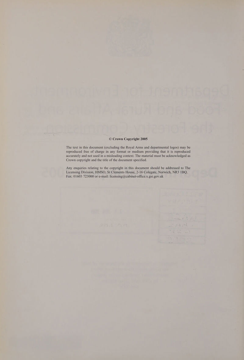 © Crown Copyright 2005 The text in this document (excluding the Royal Arms and departmental logos) may be reproduced free of charge in any format or medium providing that it is reproduced accurately and not used in a misleading context. The material must be acknowledged as Crown copyright and the title of the document specified. Any enquiries relating to the copyright in this document should be addressed to The Licensing Division, HMSO, St Clements House, 2-16 Colegate, Norwich, NR3 1BQ. Fax: 01603 723000 or e-mail: licensing@cabinet-office.x.gsi.gov.uk
