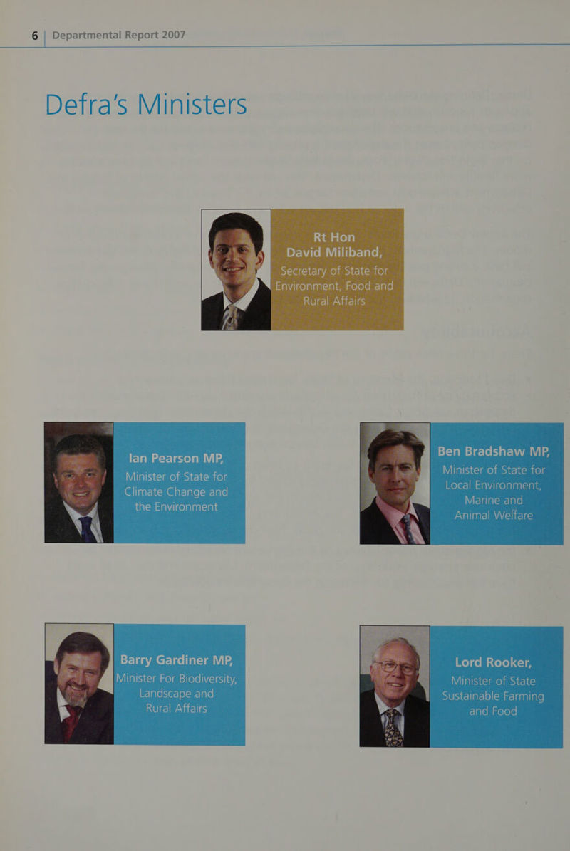 Defra’s Ministers Rt Hon David Miliband, Secretary of State for mianvdlgelalaaiaiaie melerenr-|ale| Rural Affairs Ben Bradshaw MP, Minister of State for Local Environment, Marine and Animal Welfare lan Pearson MP, Minister of State for Climate Change and ida\au lal digelalaatsiane Barry Gardiner MP, Royce Mstete) <-18 Minister For Biodiversity, é Minister of State Landscape and | 1 Sustainable Farming Rural Affairs ED laren meleye