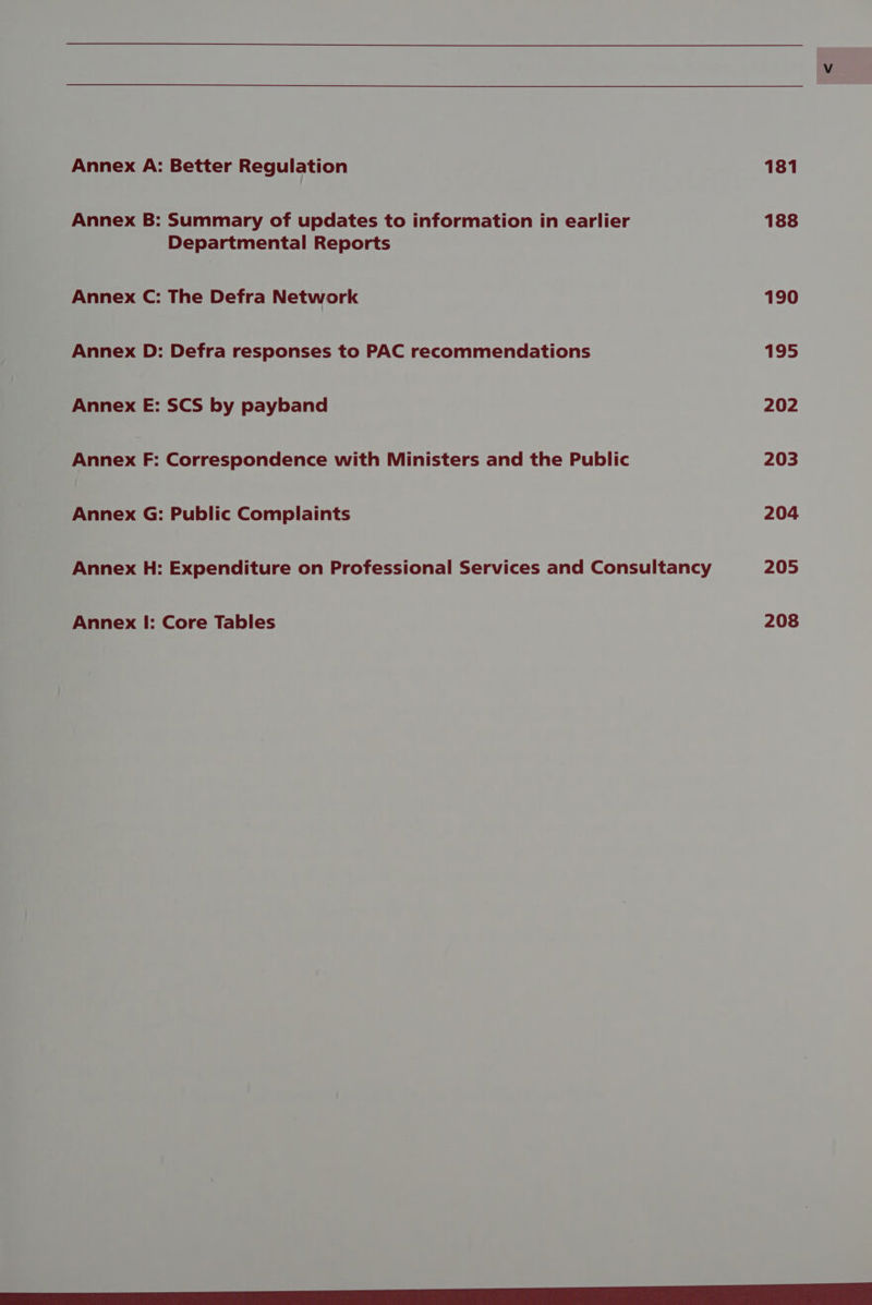 Annex A: Better Regulation Annex B: Summary of updates to information in earlier Departmental Reports Annex C: The Defra Network Annex D: Defra responses to PAC recommendations Annex E: SCS by payband Annex F: Correspondence with Ministers and the Public Annex G: Public Complaints Annex H: Expenditure on Professional Services and Consultancy 181 188 190 195 202 203 204 205 208