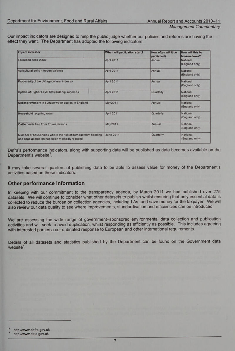 Management Commentary Our impact indicators are designed to help the public judge whether our policies and reforms are having the effect they want. The Department has adopted the following indicators: How often will it be published? broken down? Impact indicator Farmland birds index April 2011 Annual National (England only) Agricultural soils nitrogen balance April 2011 Annual National (England only) Productivity of the UK agricultural industry April 2011 Annual National (England only) April 2011 Quarterly National (England only) Net improvement in surface water bodies in England May 2011 Annual National (England only) Household recycling rates April 2011 Quarterly National (England only) Cattle herds free from TB restrictions May 2011 Annual National (England only) Number of households where the risk of damage from flooding |June 2011 Quarterly National and coastal erosion has been markedly reduced (England only) Defra’s performance indicators, along with supporting data will be published as data becomes available on the Department's website®. When will publication start? Uptake of Higher Level Stewardship schemes It may take several quarters of publishing data to be able to assess value for money of the Department's activities based on these indicators. Other performance information In keeping with our commitment to the transparency agenda, by March 2011 we had published over 275 datasets. We will continue to consider what other datasets to publish whilst ensuring that only essential data is collected to reduce the burden on collection agencies, including LAs, and save money for the taxpayer. We will also review our data quality to see where improvements, standardisation and efficiencies can be introduced. We are assessing the wide range of government-sponsored environmental data collection and publication activities and will seek to avoid duplication, whilst responding as efficiently as possible. This includes agreeing with interested parties a co-ordinated response to European and other international requirements. Details of all datasets and statistics published by the Department can be found on the Government data website’. > http://www.defra.gov.uk * http://www.data.gov.uk Gdn) ) ta be EE