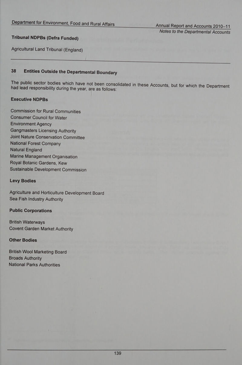 Notes to the Departmental Accounts Tribunal NDPBs (Defra Funded) Agricultural Land Tribunal (England) ere | ee ea 38 ~—_ Entities Outside the Departmental Boundary The public sector bodies which have not been consolidated in these Accounts, but for which the Department had lead responsibility during the year, are as follows: Executive NDPBs Commission for Rural Communities Consumer Council for Water Environment Agency Gangmasters Licensing Authority Joint Nature Conservation Committee National Forest Company Natural England Marine Management Organisation Royal Botanic Gardens, Kew Sustainable Development Commission Levy Bodies Agriculture and Horticulture Development Board Sea Fish Industry Authority Public Corporations British Waterways Covent Garden Market Authority Other Bodies British Wool Marketing Board Broads Authority National Parks Authorities
