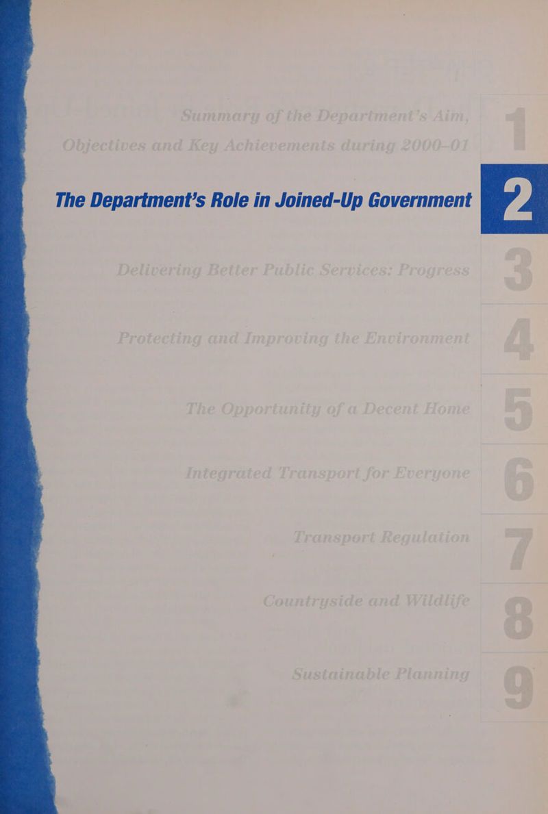 Objectives and Key Achievements during 2000-01 ei see feof VF UU The Department's Role in Joined-Up Government Deli ver ing i. Be ti &amp; Tr oe j hlic Ve he hy | f* gd <> * ‘2 of 8 thi C72LEeE .IC FT GYECCede. J f Ure te at be ti Le } ee Ce eae eo i ra ae ee ee ee ee oe as oe ee , cy Basset artvareire | , saa F482 738 F*o > F9 FP? CE 2G iy rote til g | (Ui PEEL y Geed FUE! vag WF &amp; c ss PWwE/ Es CFEC FETW PST ps o - Trans sport Regulation 7 i‘. Countryside and Wildlife a Sustainable Planning ae et ee mean pag - e . wy ae >a ee,