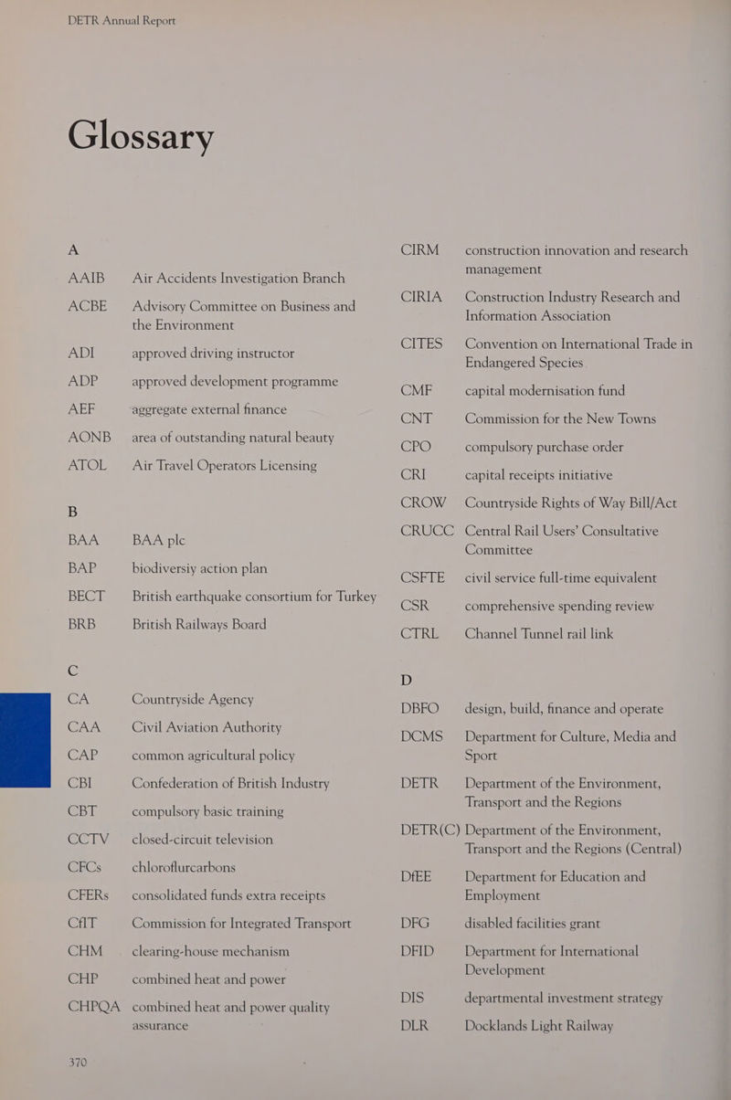 Glossary AAIB Air Accidents Investigation Branch ACBE — Advisory Committee on Business and the Environment ADI approved driving instructor ADP approved development programme AEF ageregate external finance AONB area of outstanding natural beauty ATOL Air Travel Operators Licensing BAA BAA ple BAP biodiversiy action plan BECT __ British earthquake consortium for Turkey BRB British Railways Board Countryside Agency Civil Aviation Authority common agricultural policy Confederation of British Industry compulsory basic training closed-circuit television chloroflurcarbons consolidated funds extra receipts Commission for Integrated Transport clearing-house mechanism combined heat and power combined heat and power quality assurance DBFO DCMS DEI construction innovation and research management Construction Industry Research and Information Association Convention on International Trade in Endangered Species capital modernisation fund Commission for the New Towns compulsory purchase order capital receipts initiative Countryside Rights of Way Bill/Act Central Rail Users’ Consultative Committee civil service full-time equivalent comprehensive spending review Channel Tunnel rail link design, build, finance and operate Department for Culture, Media and Sport Department of the Environment, Transport and the Regions DfEE DFG DFID DIS DLR Transport and the Regions (Central) Department for Education and Employment disabled facilities grant Department for International Development departmental investment strategy Docklands Light Railway