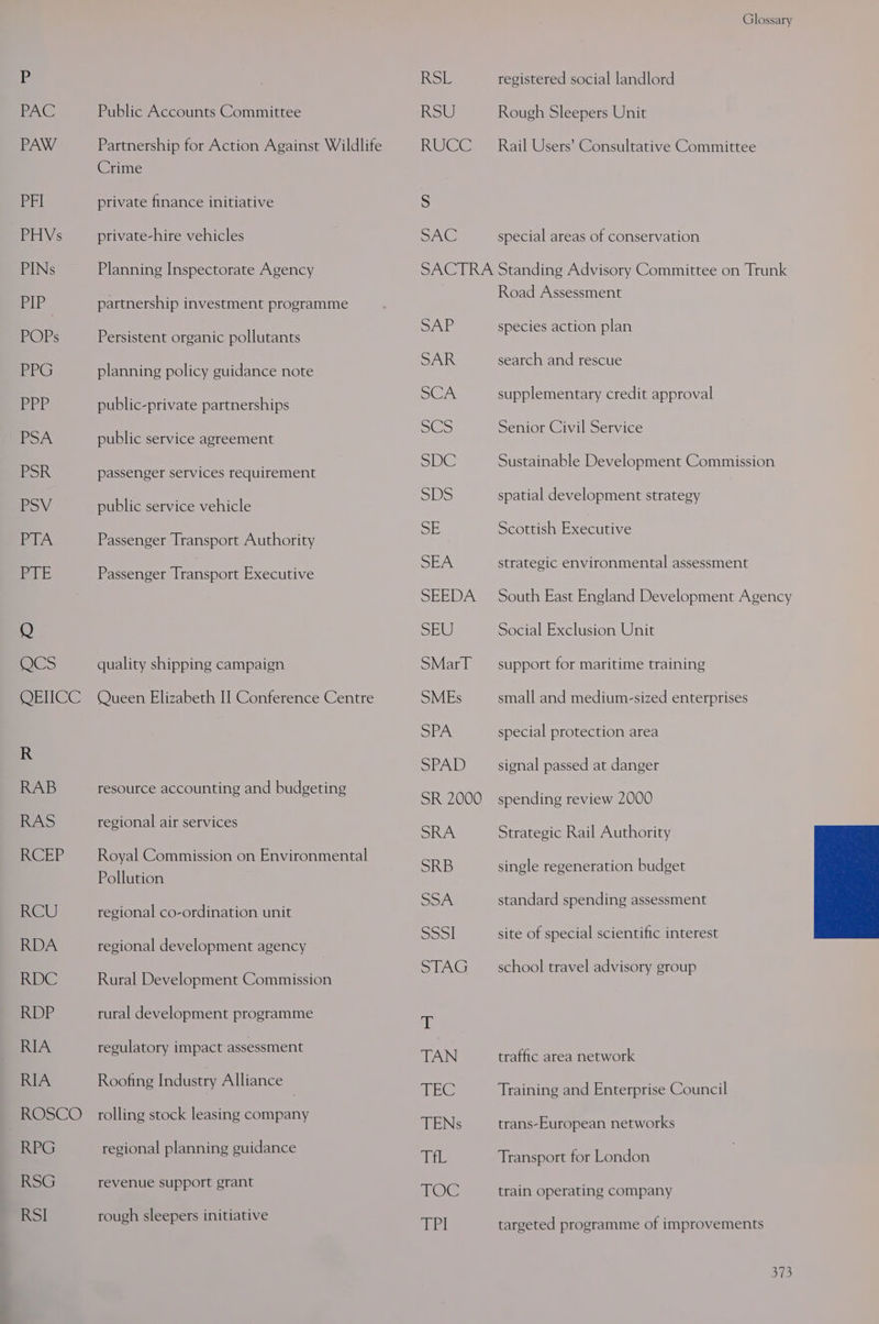 Glossary Iv RSL registered social landlord RAG Public Accounts Committee RSU Rough Sleepers Unit PAW Partnership for Action Against Wildlife RUCC — Rail Users’ Consultative Committee Crime PFI private finance initiative S PHVs private-hire vehicles SAG special areas of conservation PINs Planning Inspectorate Agency SACTRA Standing Advisory Committee on Trunk haa Road Assessment li partnership investment programme AP l POPs Persistent organic pollutants : Ec aes R PPG planning policy guidance note a SOAS ESR SCA: l l PPP public-private partnerships UDP cB tayy crc Capprova S : Se : POA public service agreement Se SRB ase ; SDC Sustainable Development Commission PSR passenger services requirement : SDS spatial development strategy roV public service vehicle le, Scottish Executi PIA Passenger Transport Authority Higa Re ere SEA i l t PTE Beer an pore ceutive strategic environmental assessmen SEEDA — South East England Development Agency Q SEU Social Exclusion Unit OCS quality shipping campaign SMarT — support for maritime training QEINCC Queen Elizabeth II Conference Centre SMEs small and medium-sized enterprises SPA special protection area  SPAD signal passed at danger RAB resource accounting and budgeting BR 7000 mepending renew 2000 “os sSulgnel aidegete SRA Strategic Rail Authority RCEP Se mee ce on Environmental SRB Rees ston bidece RCU erie rd reticncinit SSA standard spending assessment RDA Bere ceeiement acc Sool site of special scientific interest RDC Rural Development Commission PUN) SGT EN a Ma RDP rural development programme T RIA regulatory impact assessment TAN traffic area network ae comme Jadustny Zs |lancs LEG Training and Enterprise Council ROSCO | rolling stock leasing company TENs trans-European networks RPG regional planning guidance TEL Transport for London RSG revenue support grant LOG train operating company RSI rough sleepers initiative TFPI targeted programme of improvements a15