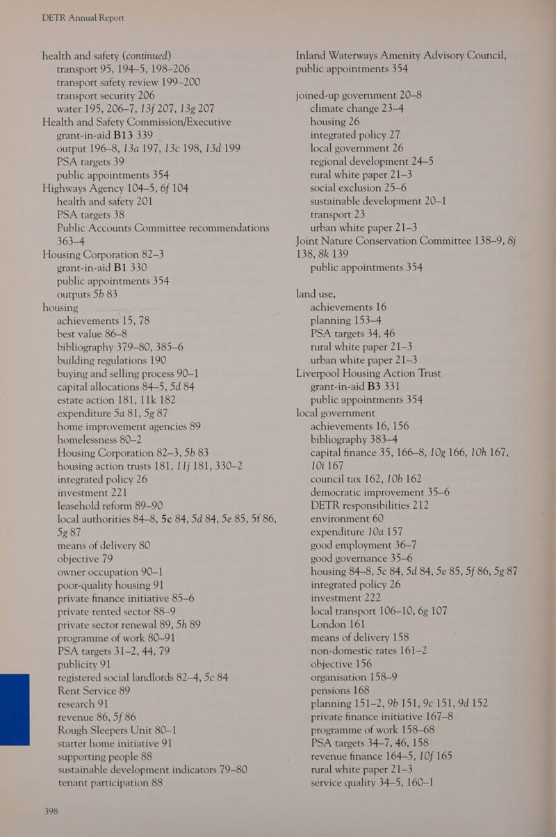 health and safety (continued) transport 95, 194-5, 198-206 transport safety review 199-200 transport security 206 water 195, 206-7, 13f 207, 13g 207 Health and Safety Commission/Executive erant-in-aid B13 339 ~ output 196-8, 13a 197, 13c 198, 13d 199 PSA targets 39 public appointments 354 Highways Agency 104—5, 6f 104 health and safety 201 PSA targets 38 Public Accounts Committee recommendations 363-4 Housing Corporation 82—3 erant-in-aid B1 330 public appointments 354 outputs 5b 83 housing achievements 15, 78 best value 86-8 bibliography 379-80, 385-6 building regulations 190 buying and selling process 90-1 capital allocations 84-5, 5d 84 estate action 181, 11k 182 expenditure 5a 81, 5g 87 home improvement agencies 89 homelessness 80-2 Housing Corporation 82-3, 5b 83 housing action trusts 181, 1 1j 181, 330-2 integrated policy 26 investment 221 leasehold reform 89-90 local authorities 84-8, 5c 84, 5d 84, 5e 85, 5f 86, 5g 87 means of delivery 80 objective 79 owner occupation 90-1 poor-quality housing 91 private finance initiative 85-6 private rented sector 88-9 private sector renewal 89, 5h 89 programme of work 80-91 PSA targets 31-2, 44, 79 publicity 91 registered social landlords 82-4, 5c 84 Rent Service 89 research 91 revenue 86, 5f 86 Rough Sleepers Unit 80-1 starter home initiative 91 supporting people 88 sustainable development indicators 79-80 tenant participation 88 398 Inland Waterways Amenity Advisory Council, public appointments 354 joined-up government 20-8 climate change 23-4 housing 26 integrated policy 27 local government 26 regional development 24—5 rural white paper 21-3 social exclusion 25-6 sustainable development 20-1 transport 23 urban white paper 21—3 Joint Nature Conservation Committee 138-9, 3] 138, 8k 139 public appointments 354 land use, achievements 16 planning 153-4 PSA targets 34, 46 rural white paper 21-3 urban white paper 21-3 Liverpool Housing Action Trust erant-in-aid B3 331 public appointments 354 local government achievements 16, 156 bibliography 383-4 capital finance 35, 166-8, 10g 166, 10h 167, 10i 167 council tax 162, 10b 162 democratic improvement 35-6 DETR responsibilities 212 environment 60 expenditure 10a 157 good employment 36—7 good governance 35-6 housing 84-8, 5c 84, 5d 84, 5e 85, 5f 86, 5g 87 integrated policy 26 investment 222 local transport 106-10, 6g 107 London 161 means of delivery 158 non-domestic rates 161—2 objective 156 organisation 158-9 pensions 168 planning 151-2, 9b 151, 9c 151, 9d 152 private finance initiative 167-8 programme of work 158-68 PSA targets 34-7, 46, 158 revenue finance 164—5, 1Of 165 rural white paper 21—3 service quality 34-5, 160-1