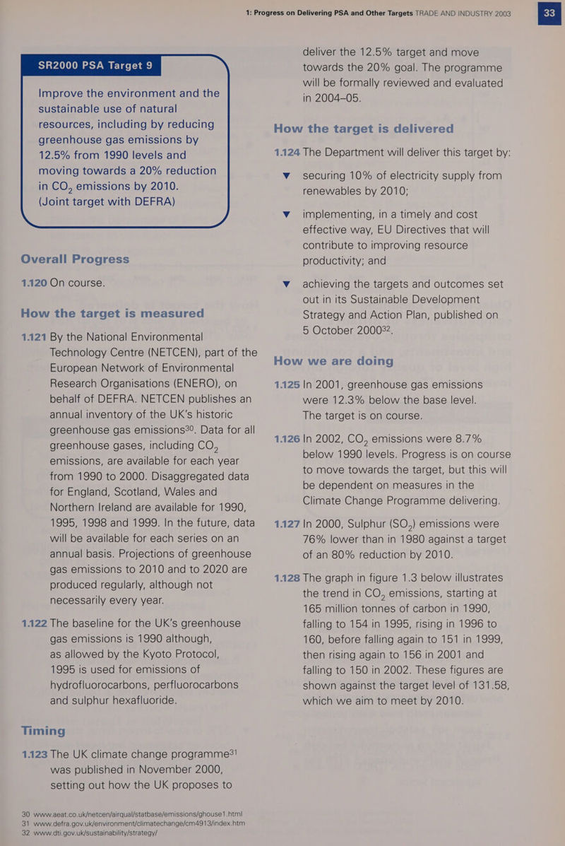 12.5% from 1990 levels and moving towards a 20% reduction in CO, emissions by 2010. (Joint target with DEFRA) Overall Progress 1.120 On course. How the target is measured 1.121 By the National Environmental Technology Centre (NETCEN), part of the European Network of Environmental Research Organisations (ENERO), on behalf of DEFRA. NETCEN publishes an annual inventory of the UK's historic greenhouse gas emissions?°. Data for all greenhouse gases, including CO, emissions, are available for each year from 1990 to 2000. Disaggregated data for England, Scotland, Wales and Northern Ireland are available for 1990, 1995, 1998 and 1999. In the future, data will be available for each series on an annual basis. Projections of greenhouse gas emissions to 2010 and to 2020 are produced regularly, although not necessarily every year. 1.122 The baseline for the UK's greenhouse gas emissions is 1990 although, as allowed by the Kyoto Protocol, 1995 is used for emissions of hydrofluorocarbons, perfluorocarbons and sulphur hexafluoride. Timing 1.123 The UK climate change programme?! was published in November 2000, setting out how the UK proposes to 30 www.aeat.co.uk/netcen/airqual/statbase/emissions/ghouse1.html 31 www.defra.gov.uk/environment/climatechange/cm4913/index.htm 32 www.dti.gov.uk/sustainability/strategy/ deliver the 12.5% target and move will be formally reviewed and evaluated in 2004—05. How the target is delivered 1.124 The Department will deliver this target by: Vv securing 10% of electricity supply from renewables by 2010; Vv implementing, in a timely and cost effective way, EU Directives that will contribute to improving resource productivity; and Vv achieving the targets and outcomes set out in its Sustainable Development Strategy and Action Plan, published on 5 October 200022. How we are doing 1.125 In 2001, greenhouse gas emissions were 12.3% below the base level. The target is on course. 1.126 In 2002, CO, emissions were 8.7% below 1990 levels. Progress is on course to move towards the target, but this will be dependent on measures in the Climate Change Programme delivering. 1.127 In 2000, Sulphur (SO,) emissions were 76% lower than in 1980 against a target of an 80% reduction by 2010. 1.128 The graph in figure 1.3 below illustrates the trend in CO, emissions, starting at 165 million tonnes of carbon in 1990, falling to 154 in 1995, rising in 1996 to 160, before falling again to 151 in 1999, then rising again to 156 in 2001 and falling to 150 in 2002. These figures are shown against the target level of 131.58, which we aim to meet by 2010.