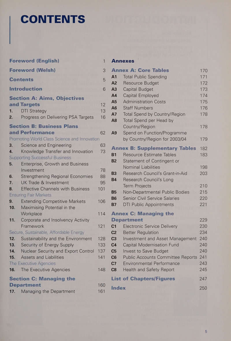 CONTENTS Foreword (English) 1 Foreword (Welsh) 3 Contents 5 Introduction 6 Section A: Aims, Objectives and Targets 1? 1. DTI Strategy ile 2. Progress on Delivering PSA Targets 16 Section B: Business Plans and Performance 62 Promoting World Class Science and Innovation 3. Science and Engineering 63 4. Knowledge Transfer and Innovation 73 Supporting Successful Business 5. Enterprise, Growth and Business Investment 78 6. Strengthening Regional Economies 88 if UK Trade &amp; Investment 95 8. Effective Channels with Business 101 Ensuring Fair Markets 9. Extending Competitive Markets 106 10. Maximising Potential in the Workplace 114 11. Corporate and Insolvency Activity Framework 121 Secure, Sustainable, Affordable Energy 12. Sustainability and the Environment 128 13. Security of Energy Supply Les 14. Nuclear Security and Export Control 137 15. Assets and Liabilities 141 The Executive Agencies 16. The Executive Agencies 148 Section C: Managing the Department 160 17. Managing the Department 161 Annexes Annex A: Core Tables A1_ Total Public Spending A2 Resource Budget A3 Capital Budget A4 Capital Employed A5 Administration Costs A6 Staff Numbers A7 Total Spend by Country/Region A8 Total Spend per Head by Country/Region AQ = Spend on Function/Programme by Country/Region for 2003/04 Annex B: Supplementary Tables B1 Resource Estimate Tables B2 Statement of Contingent or Nominal Liabilities B3 Research Council's Grant-in-Aid B4 Research Council's Long Term Projects B5 Non-Departmental Public Bodies B6 = Senior Civil Service Salaries B7 DT! Public Appointments Annex C: Managing the Department C1_—s Electronic Service Delivery C2 Better Regulation C3. Investment and Asset Management C4 Capital Modernisation Fund C5 ~—siInvest to Save Budget C6 = Public Accounts Committee Reports C7 ~— Environmental Performance C8 Health and Safety Report List of Chapters/Figures index 170 I 172 7S 174 i Fite) 176 178 178 179 182 183 198 203 210 2A 220 223 Jigs) 230 234 240 240 240 241 243 245 247 250
