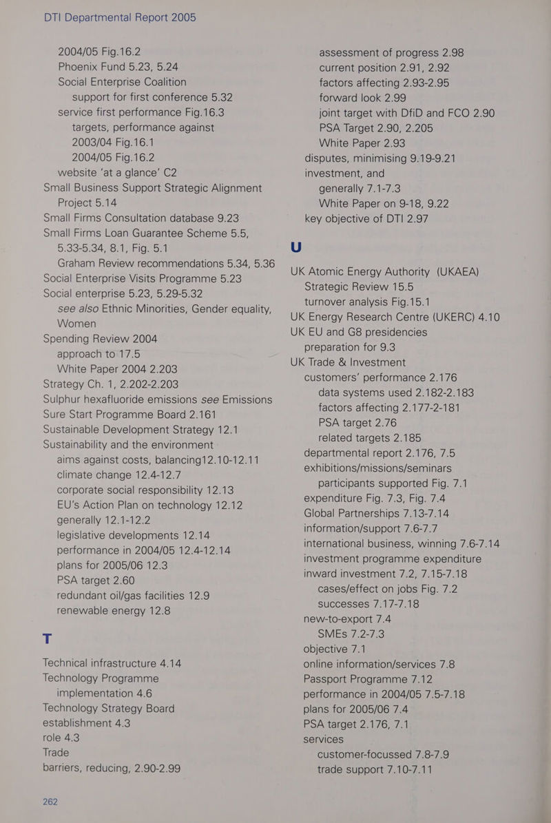 2004/05 Fig.16.2 Phoenix: Fund!5.237 5e24 Social Enterprise Coalition support for first conference 5.32 service first performance Fig.16.3 targets, performance against 2003/04 Fig.16.1 2004/05 Fig.16.2 website ‘at a glance’ C2 Small Business Support Strategic Alignment Project 5.14 Small Firms Consultation database 9.23 Small Firms Loan Guarantee Scheme 5.5, 5 Sob) Cae rigusal Graham Review recommendations 5.34, 5.36 Social Enterprise Visits Programme 5.23 Social enterprise 5.23, 5.29-5.32 see also Ethnic Minorities, Gender equality, VVomen Spending Review 2004 approach to 17.5 White Paper 2004 2.203 Strategy Ch. 1, 2.202-2.203 Sulphur hexafluoride emissions see Emissions Sure Start Programme Board 2.161 Sustainable Development Strategy 12.1 Sustainability and the environment - aims against costs, balancing12.10-12.11 climate change 12.4-12.7 corporate social responsibility 12.13 EU's Action Plan on technology 12.12 generally 12.1-12.2 legislative developments 12.14 performance in 2004/05 12.4-12.14 plans for 2005/06 12.3 PSA target 2.60 redundant oil/gas facilities 12.9 renewable energy 12.8 — Technical infrastructure 4.14 Technology Programme implementation 4.6 Technology Strategy Board establishment 4.3 role 4.3 Trade barriers, reducing, 2.90-2.99 262 assessment of progress 2.98 current position 2.91, 2.92 factors affecting 2.93-2.95 forward look 2.99 joint target with DfiD and FCO 2.90 PSA Target 2.90, 2.205 White Paper 2.93 disputes, minimising 9.19-9.21 investment, and generally 7.1-7.3 White Paper on 9-18, 9.22 key objective of DT! 2.97 U UK Atomic Energy Authority (UKAEA) Strategic Review 15.5 turnover analysis Fig.15.1 UK Energy Research Centre (UKERC) 4.10 UK EU and G8 presidencies preparation for 9.3 UK Trade &amp; Investment customers’ performance 2.176 data systems used 2.182-2.183 factors affecting 2.177-2-181 PSA target 2.76 related targets 2.185 departmental report 2.176, 7.5 exhibitions/missions/seminars participants Supported Fig. 7.1 expenditure Fig. 7.3, Fig. 7.4 Global Partnerships 7.13-7.14 information/support 7.6-7.7 international business, winning 7.6-7.14 investment programme expenditure inward investment 7.2, 7.15-7.18 cases/effect on jobs Fig. 7.2 successes 7.17-7.18 new-to-export 7.4 SoMVilese7. 2-733 objective 7.1 online information/services 7.8 Passport Programme 7.12 performance in 2004/05 7.5-7.18 plans for 2005/06 7.4 PSA target 2.176, 7.1 services customer-focussed 7.8-7.9 trade support 7.10-7.11