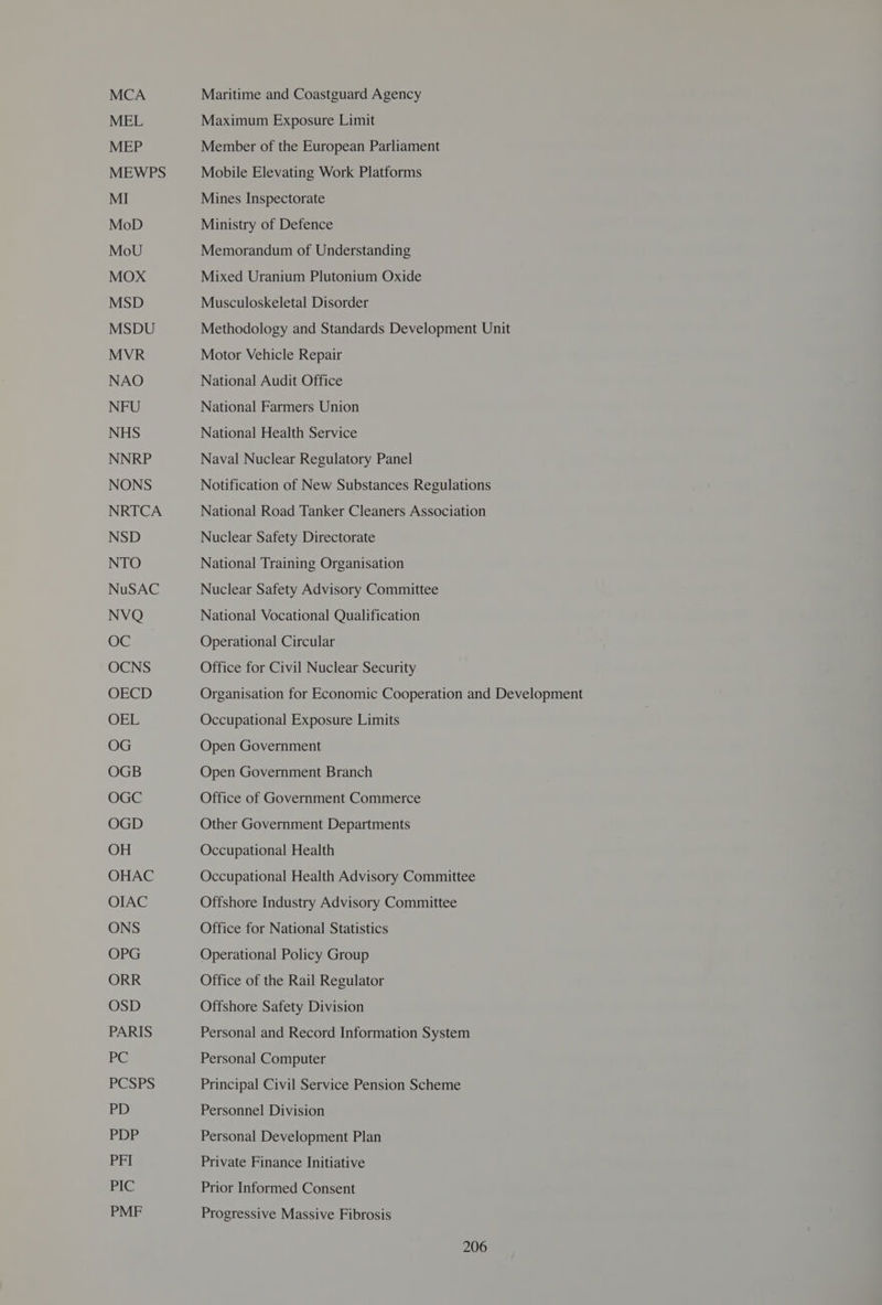 MCA Maritime and Coastguard Agency MEL Maximum Exposure Limit MEP Member of the European Parliament MEWPS Mobile Elevating Work Platforms MI Mines Inspectorate MoD Ministry of Defence MoU Memorandum of Understanding MOxX Mixed Uranium Plutonium Oxide MSD Musculoskeletal Disorder MSDU Methodology and Standards Development Unit MVR Motor Vehicle Repair NAO National Audit Office NFU National Farmers Union NHS National Health Service NNRP Naval Nuclear Regulatory Panel NONS Notification of New Substances Regulations NRTCA National Road Tanker Cleaners Association NSD Nuclear Safety Directorate NTO National Training Organisation NuSAC Nuclear Safety Advisory Committee NVQ National Vocational Qualification OC Operational Circular OCNS Office for Civil Nuclear Security OECD Organisation for Economic Cooperation and Development OEL Occupational Exposure Limits OG Open Government OGB Open Government Branch OGG Office of Government Commerce OGD Other Government Departments OH Occupational Health OHAC Occupational Health Advisory Committee OIAC Offshore Industry Advisory Committee ONS Office for National Statistics OPG Operational Policy Group ORR Office of the Rail Regulator OSD Offshore Safety Division PARIS Personal and Record Information System ge Personal Computer PCSPS Principal Civil Service Pension Scheme PD Personnel Division PDP Personal Development Plan PFI Private Finance Initiative PIC Prior Informed Consent PMF Progressive Massive Fibrosis