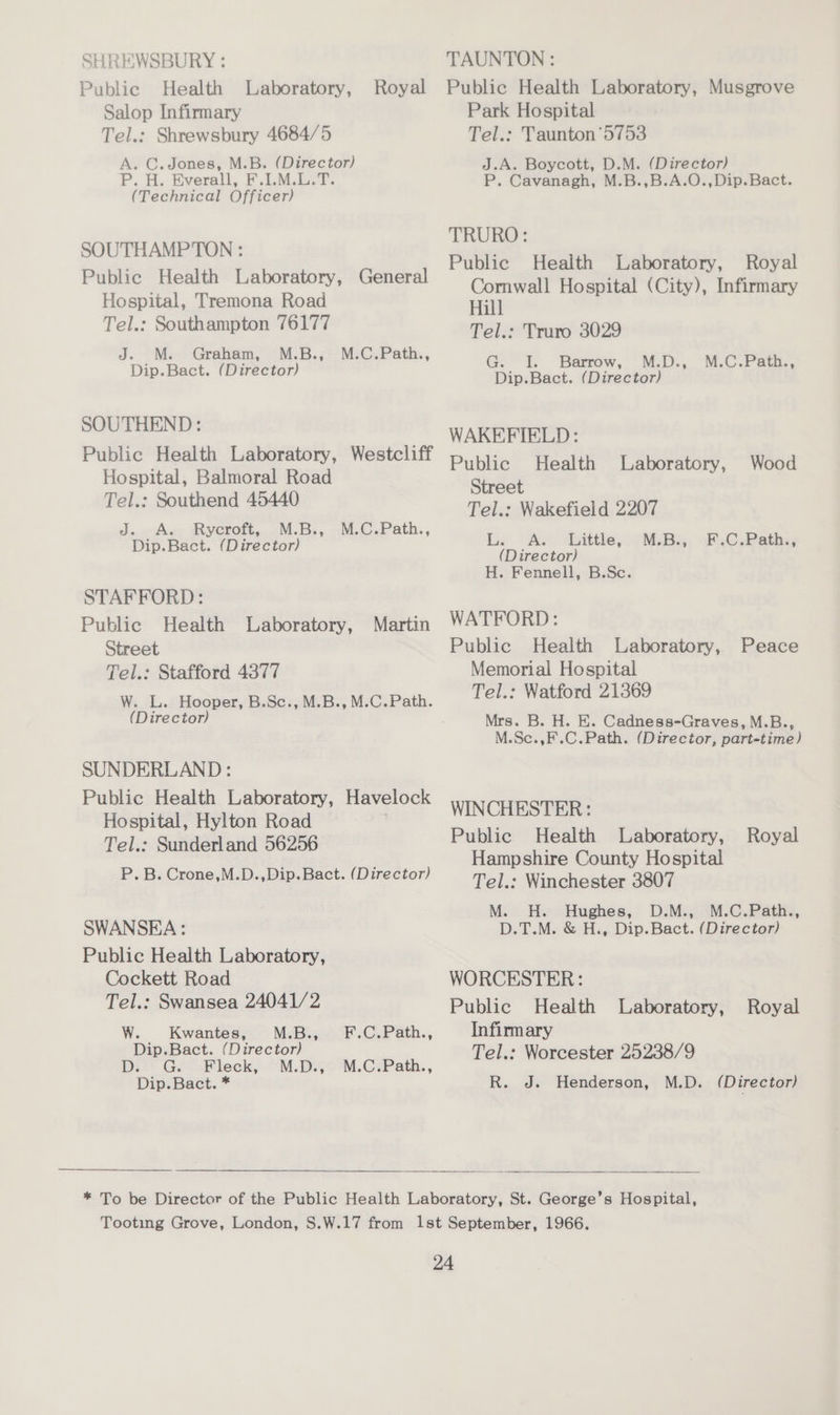 SHREWSBURY : Public Health Laboratory, Salop Infirmary Tel.: Shrewsbury 4684/5 A. C. Jones, M.B. (Director) P. H. Everall, F.I.M.L.T. (Technical Officer) Royal SOUTHAMPTON : Public Health Laboratory, General Hospital, Tremona Road Tel.: Southampton 76177 J. M. Graham, M.B., Dip.Bact. (Director) M.C.Path., SOUTHEND: Public Health Laboratory, Westcliff Hospital, Balmoral Road Tel.: Southend 45440 J.-A Rycroft, .M.B., Dip.Bact. (Director) M.C.Path., STAFFORD: Public Health Laboratory, Street Tel.: Stafford 4377 W. L. Hooper, B.Sc., M.B., M.C.Path. (Director) Martin SUNDERLAND : Public Health Laboratory, Havelock Hospital, Hylton Road Tel.: Sunderland 56256 P.B. Crone,M.D.,Dip.Bact. (Director) SWANSEA: Public Health Laboratory, Cockett Road Tel.: Swansea 24041/2 W. Kwantes, M.B., Dip.Bact. (Director) Do: Ge Fleck, ~M.Ds, Dip.Bact. * F.C.Path., M.C.Path., TAUNTON : Public Health Laboratory, Musgrove Park Hospital Tel.: Taunton'57398 J.A. Boycott, D.M. (Director) P. Cavanagh, M.B.,B.A.O.,Dip.Bact. TRURO: Public Health Laboratory, Royal Comwall Hospital (City), Infirmary Hill Tel Truro 3029 I. Barrow, M.D., G. M.C.Path., Dip.Bact. (Director) WAKEFIELD: Public Health Laboratory, Wood Street Tel.: Wakefield 2207 lax “A bitte, MBS. £.6.2aike (Director) H. Fennell, B.Sc. WATFORD: Public Health Laboratory, Peace Memorial Hospital Tel.: Watford 21369 Mrs. B. H. E. Cadness-Graves, M.B., M.Sc.,F.C.Path. (Director, part-time) WINCHESTER: Public Health Laboratory, Hampshire County Hospital Tel.: Winchester 3807 M. H. Hughes, D.M., M.C.Path., D.T.M. &amp; H., Dip.Bact. (Director) Royal WORCESTER: Public Health Laboratory, Infirmary Tel.: Worcester 25238/9 R. J. Henderson, M.D. (Director) Royal * To be Director of the Public Health Laboratory, St. George’s Hospital, Tooting Grove, London, S.W.17 from 1st September, 1966.
