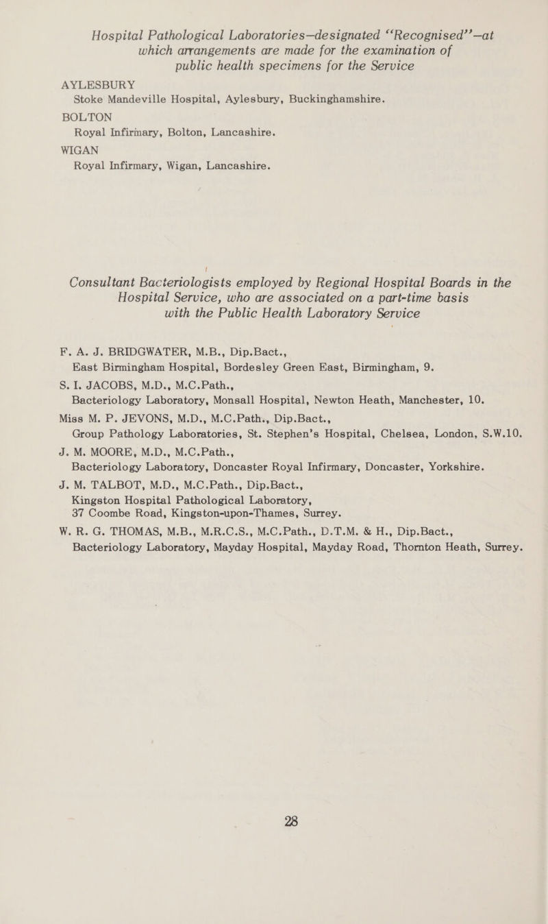 Hospital Pathological Laboratories—designated ‘‘Recognised’’—at which arrangements are made for the examination of public health specimens for the Service AYLESBURY Stoke Mandeville Hospital, Aylesbury, Buckinghamshire. BOLTON Royal Infirmary, Bolton, Lancashire. WIGAN Royal Infirmary, Wigan, Lancashire. { Consultant Bacteriologists employed by Regional Hospital Boards in the Hospital Service, who are associated on a part-time basis with the Public Health Laboratory Service F. A. J. BRIDGWATER, M.B., Dip.Bact., East Birmingham Hospital, Bordesley Green Kast, Birmingham, 9. S. I. JACOBS, M.D., M.C.Path., Bacteriology Laboratory, Monsall Hospital, Newton Heath, Manchester, 10. Miss M. P. JEVONS, M.D., M.C.Path., Dip.Bact., Group Pathology Laboratories, St. Stephen’s Hospital, Chelsea, London, S.W.10. J. M. MOORE, M.D., M.C.Path., Bacteriology Laboratory, Doncaster Royal Infirmary, Doncaster, Yorkshire. J. M. TALBOT, M.D., M.C.Path., Dip.Bact., Kingston Hospital Pathological Laboratory, 37 Coombe Road, Kingston-upon-Thames, Surrey. W. R. G. THOMAS, M.B., M.R.C.S., M.C.Path., D.T.M. &amp; H., Dip.Bact., Bacteriology Laboratory, Mayday Hospital, Mayday Road, Thornton Heath, Surrey.